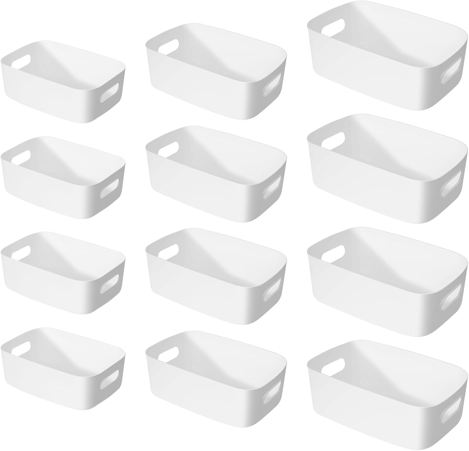 12 Pack Plastic Storage Baskets, Plastic Storage Bins with 3 Different Sizes, Home Kitchen Tidy Organiser with Handles for Kitchen Cupboard Office Bathroom Home (White) image number 2