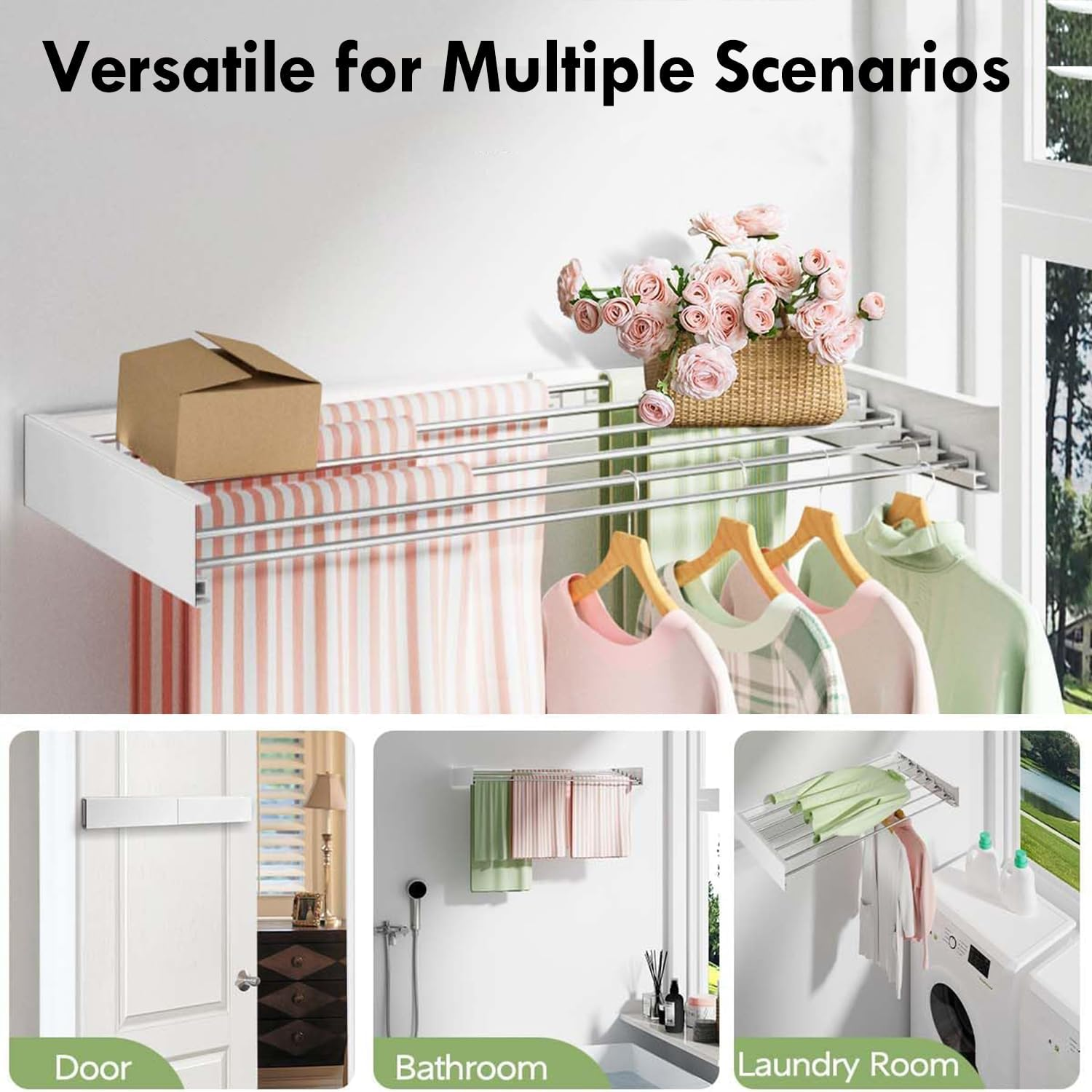 Nestcharm Foldable Wall Mounted Drying Rack - Collapsible Laundry Organizer with 5 Stainless Steel Rods, Space Saving Hidden Design & Installation Template for Indoor Use, White 40 Inch (100Cm) image number 2