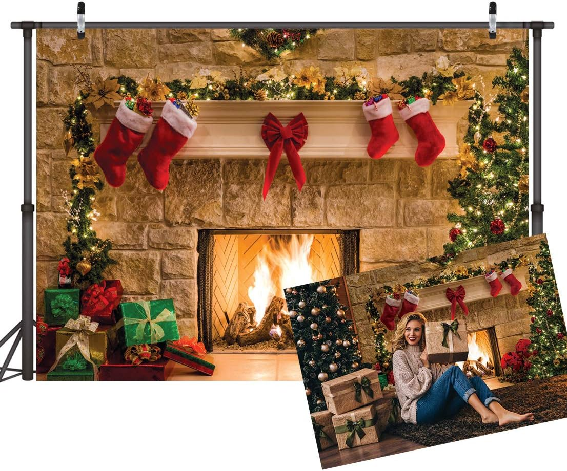 LYWYGG 8X8Ft Christmas Fireplace Backdrop Christmas Backdrop Christmas Trees Backdrop Christmas Dinner Backdrop Cloth Family Party Decorations Eve Fireplace Photography Background CP-282 image number 5