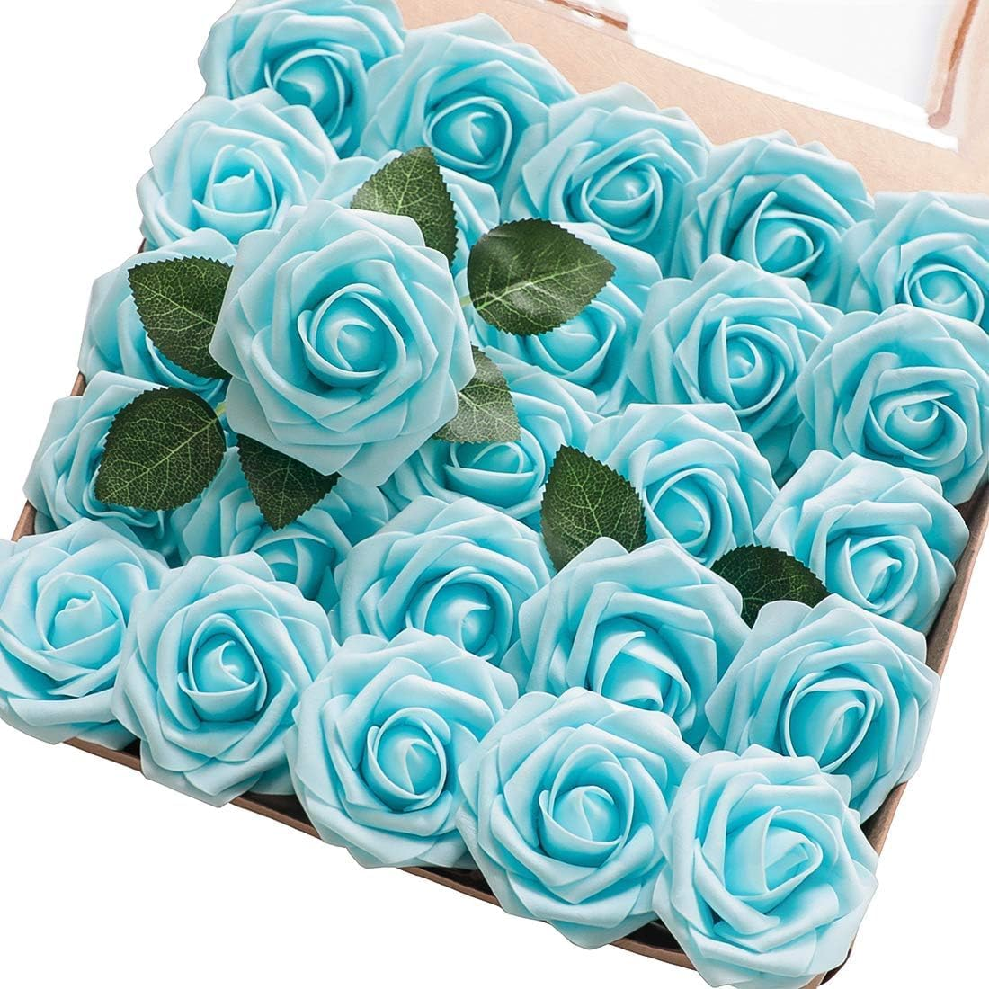 UKKQES Artificial Flowers 25Pcs Real Looking Foam Fake Roses with Stems for DIY Wedding Bouquets Bridal Shower Centerpieces Floral Arrangements Party Tables Home Decorations (Light Blue)