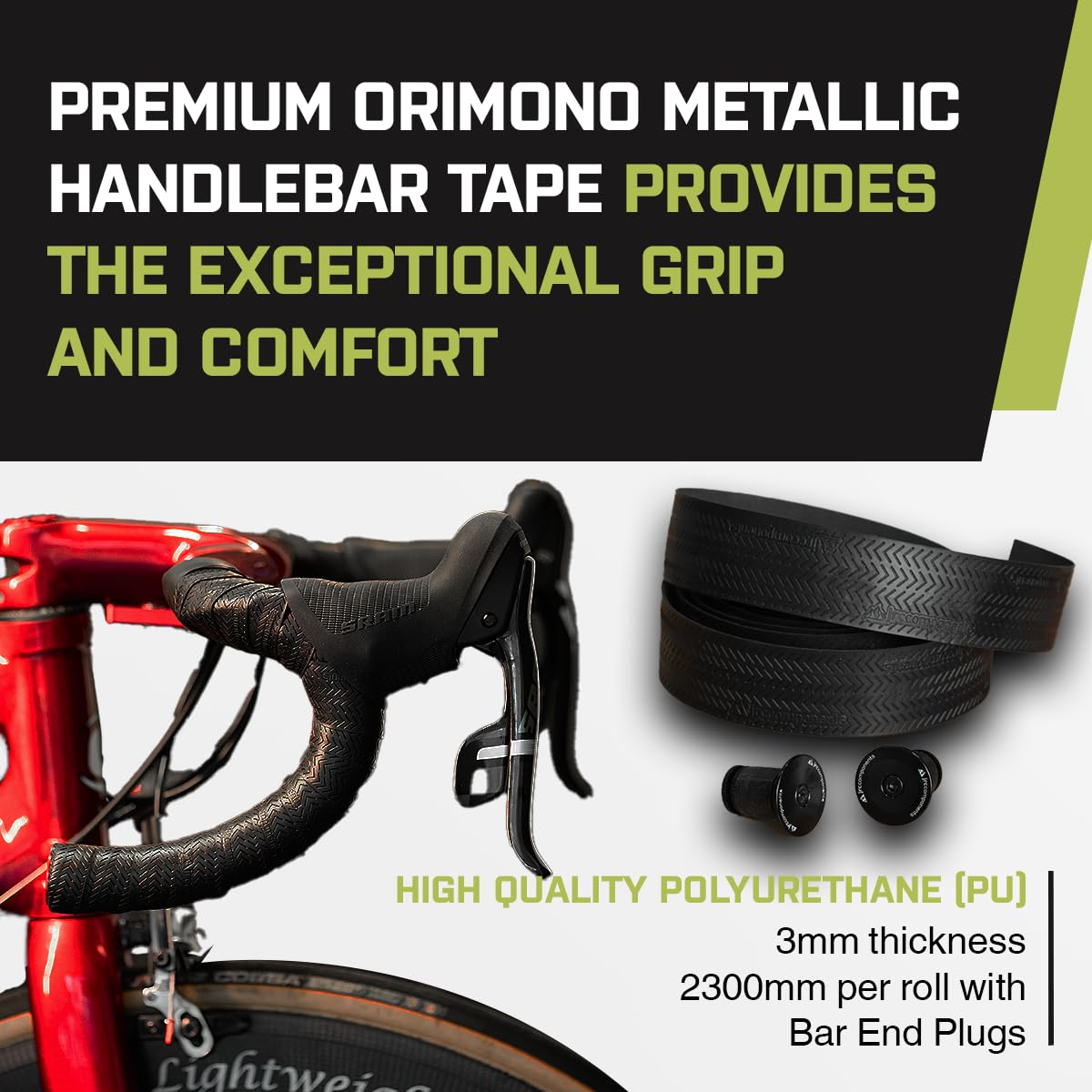 JRC Components Orimono Metallic Bicycle Handlebar Tape | Set of 2 Comfortable Bar Tape for Road Bike | Gravel Bicycle Handlebar Wrap with Bar End Plugs | Enhance Your Bike Grip - (No Print)