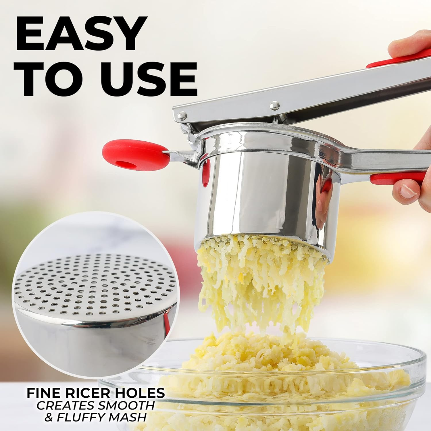 Zulay Kitchen Premium Large 15Oz Potato Ricer, Heavy Duty Professional Stainless Steel Potato Masher and Ricer Kitchen Tool, Press and Mash Kitchen Gadget - Red and Silver Fixed Disc image number 4