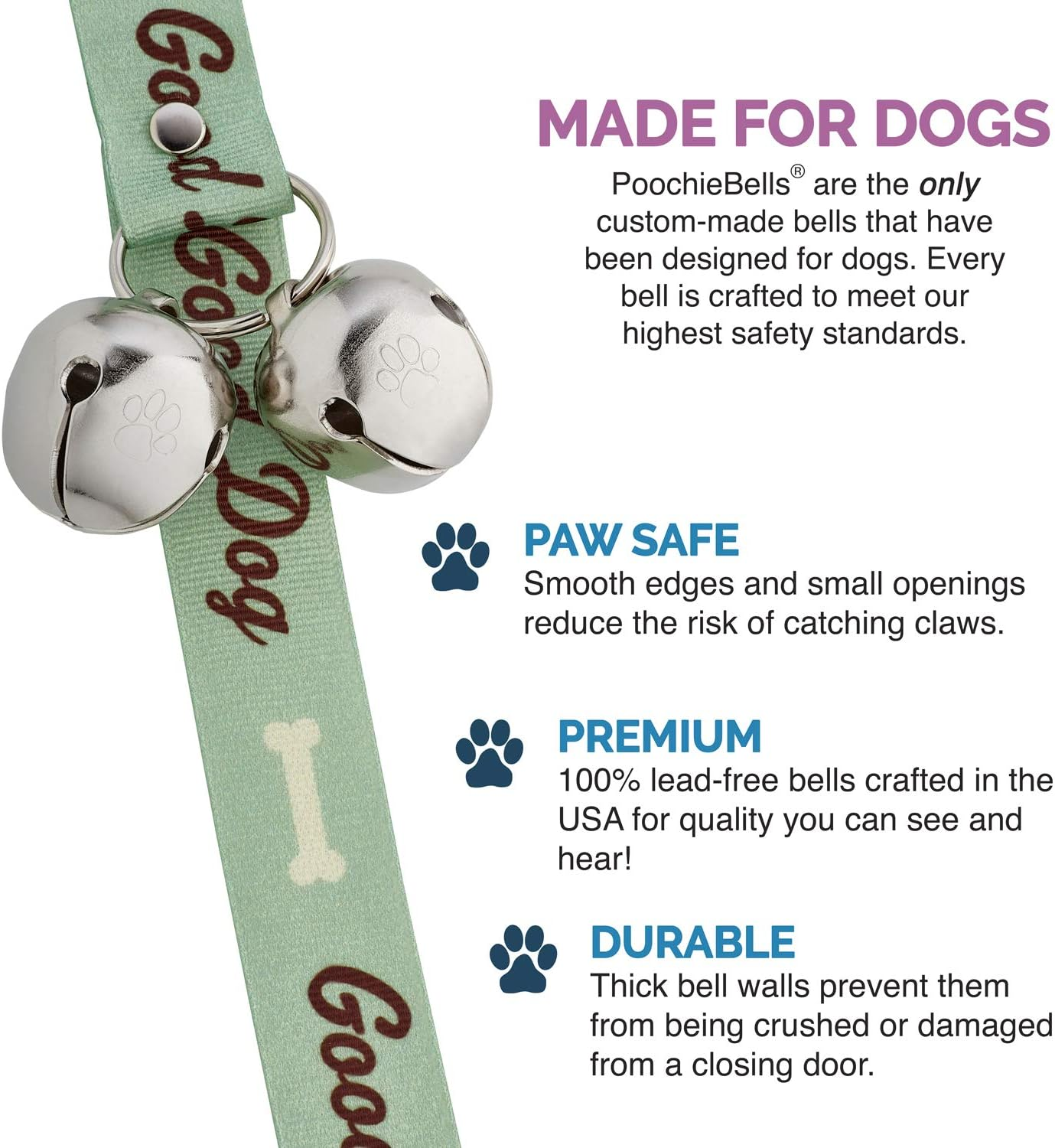 Poochiebells the Original & Trusted Housetraining & Potty Time Dog Doorbell for Loving Dog Families since 2005. a Clear, Pleasant and Easy Way for Your Family to Know When Its Potty Time for Your Furry Best Friend. All Poochiebells Are Individually Handcrafted in the USA. Good Dog Green Design image number 2
