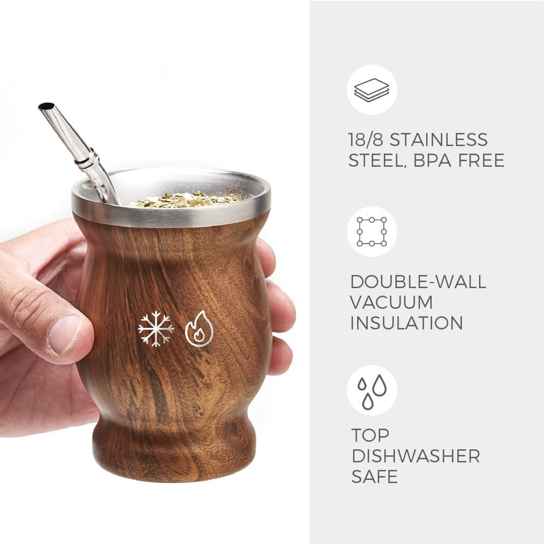 BALIBETOV Mate Cup and Bombilla Set - Yerba Mate Set Includes One Yerba Mate Cup, Two Bombilla Mate (Straw) and Brush - Stainless Steel Double-Wall | Easy to Clean Yerba Mate Gourd (Wood) - Black image number 4