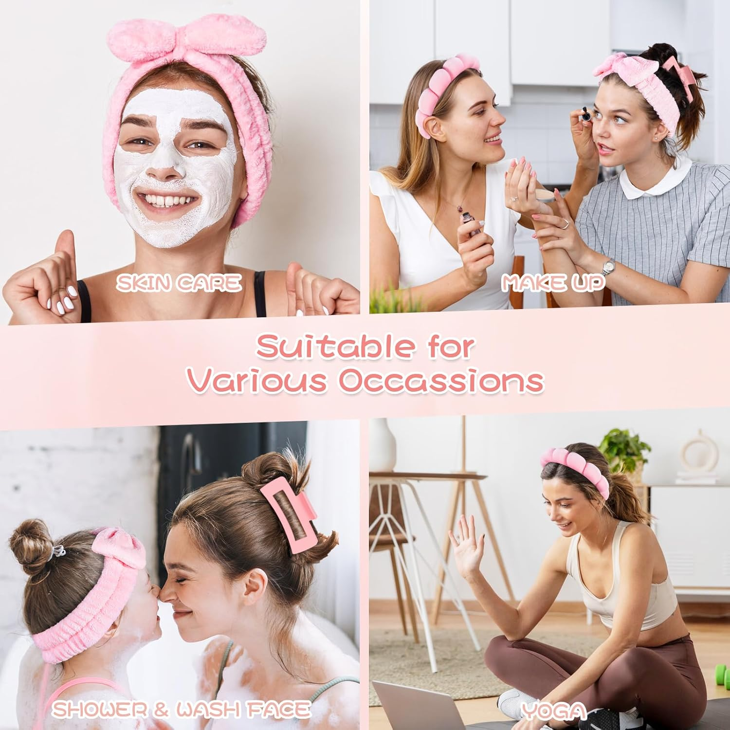 Leezmark 5 Pcs Spa Headband and Wristband Set, Skincare Headbands for Women, Bubble Spa Headband for Washing Face, Terry Cloth Headbands for Girls, Soft Velvet Makeup Headband Hair Accessories, Pink - Blue image number 2