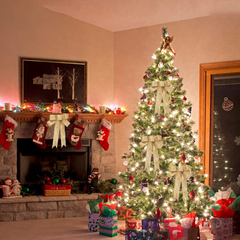 Christmas Ribbon Bows 12Pcs Golden Bowknot Glitter Xmas Tree Bows Hanging Ornaments for Craft DIY Christmas Wreaths Wedding Holiday Party Wall Table House Decoration Presents Gift Wrapping Supplies image number 5