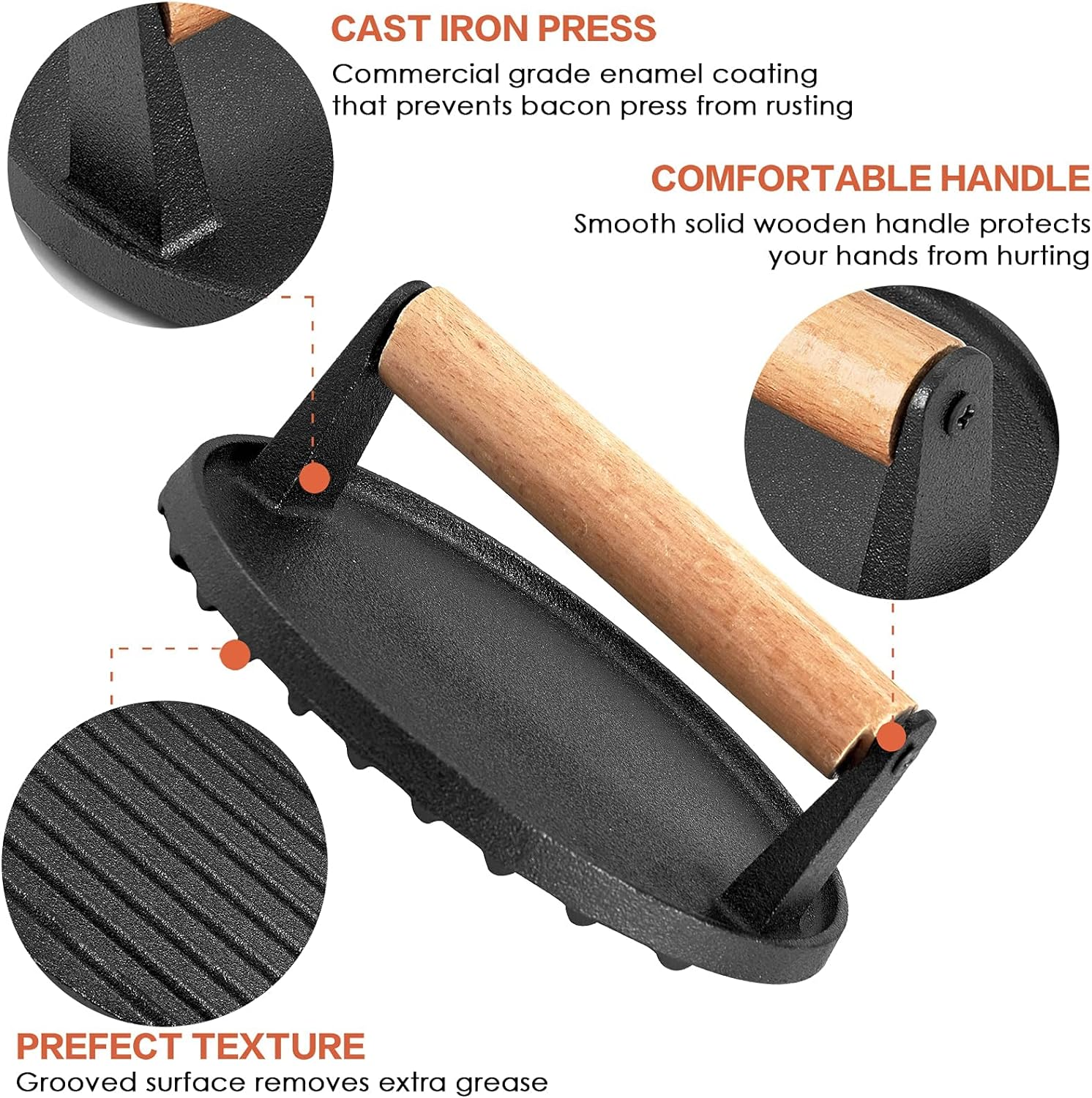 Cast Iron Grill Press Weight - with Wooden Handle - Cast Iron Press for Meat, Hamburger Patty, Smash Burger, Bacon, Steak image number 4
