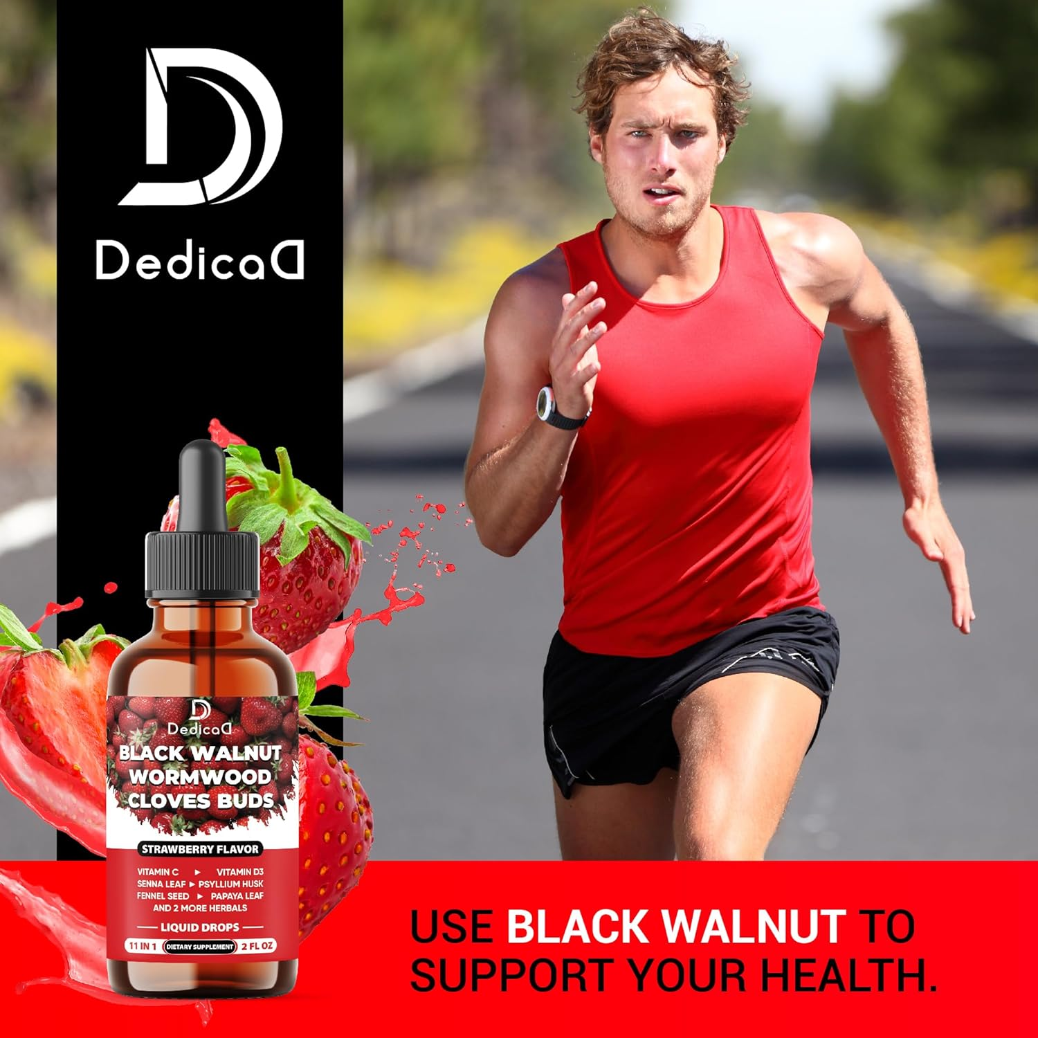 DEDICAD 11In1 Black Walnut Wormwood Cloves Liquid Drops with Vitamin C, Vitamin D3 and 6 More - 2 Oz Fl - 60 Days - Strawberry Flavor image number 5