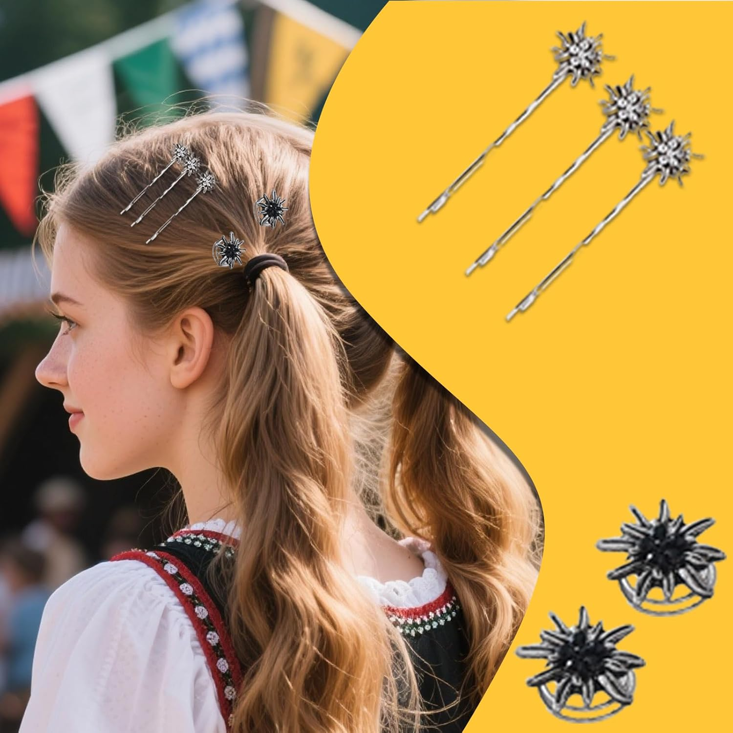 Set of 5 Traditional Rhinestone Edelweiss Hair Accessories, Silver, Hair Clips, Rhinestone Edelweiss Set of 6, Elegant Wavy Shape Hair Clips, Spring Clips for Bavarian Beer Festival, Dirndl Jewellery image number 1