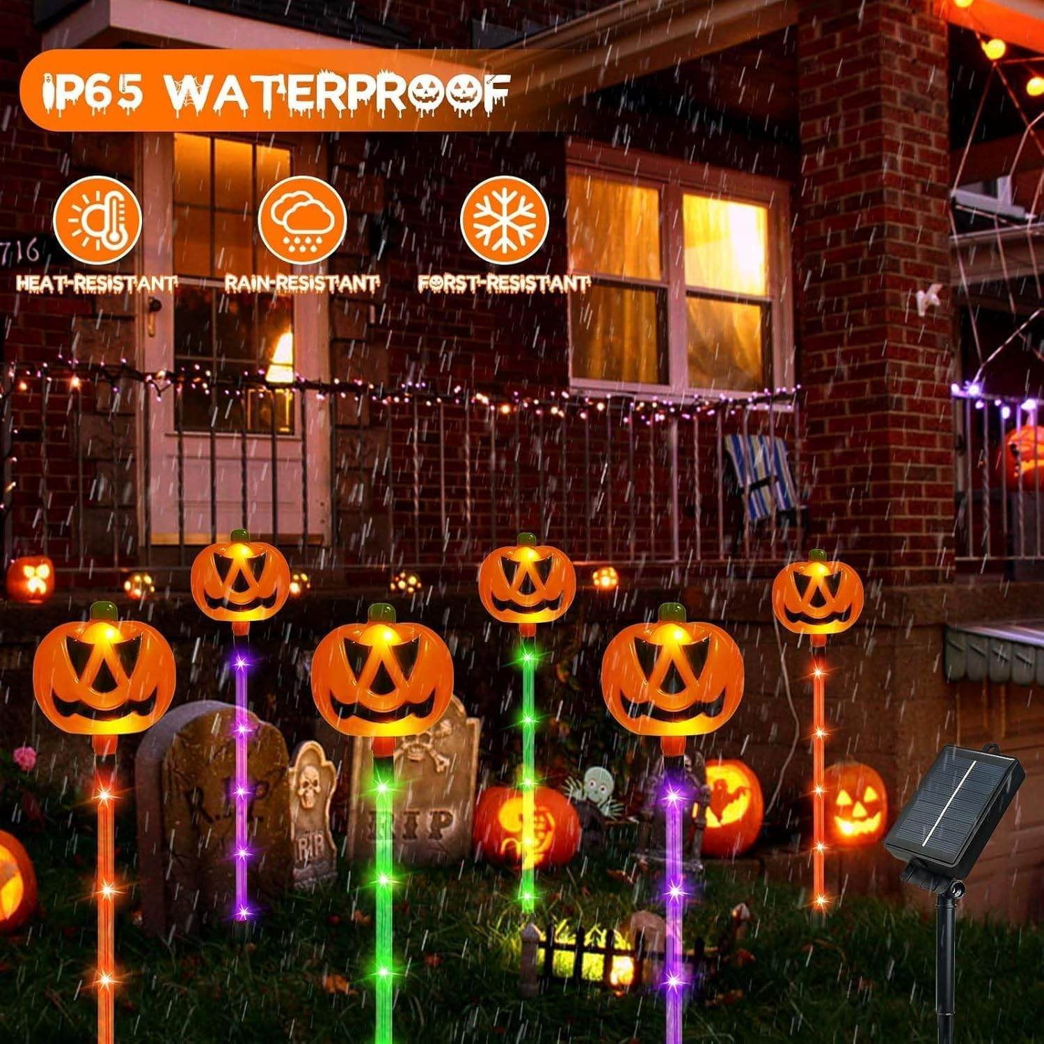 12-Pack Solar Halloween Pumpkin Pathway Lights, Halloween Lights Waterproof with 8 Modes, Outdoor Waterproof Solar Pathway Light for Party Porch Yard Decor image number 3
