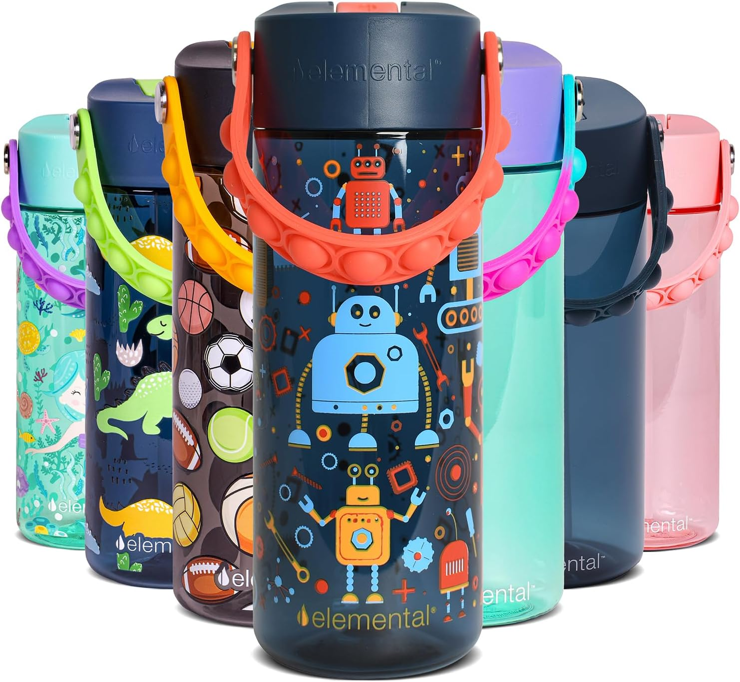 Elemental Kids Water Bottle - Leak Proof School Bottle with Straw & Pop-It Handle - Reusable Plastic Water Bottle - BPA Free, Dishwasher Safe Drink Bottle for Boys & Girls - 532Ml - Dinosaur