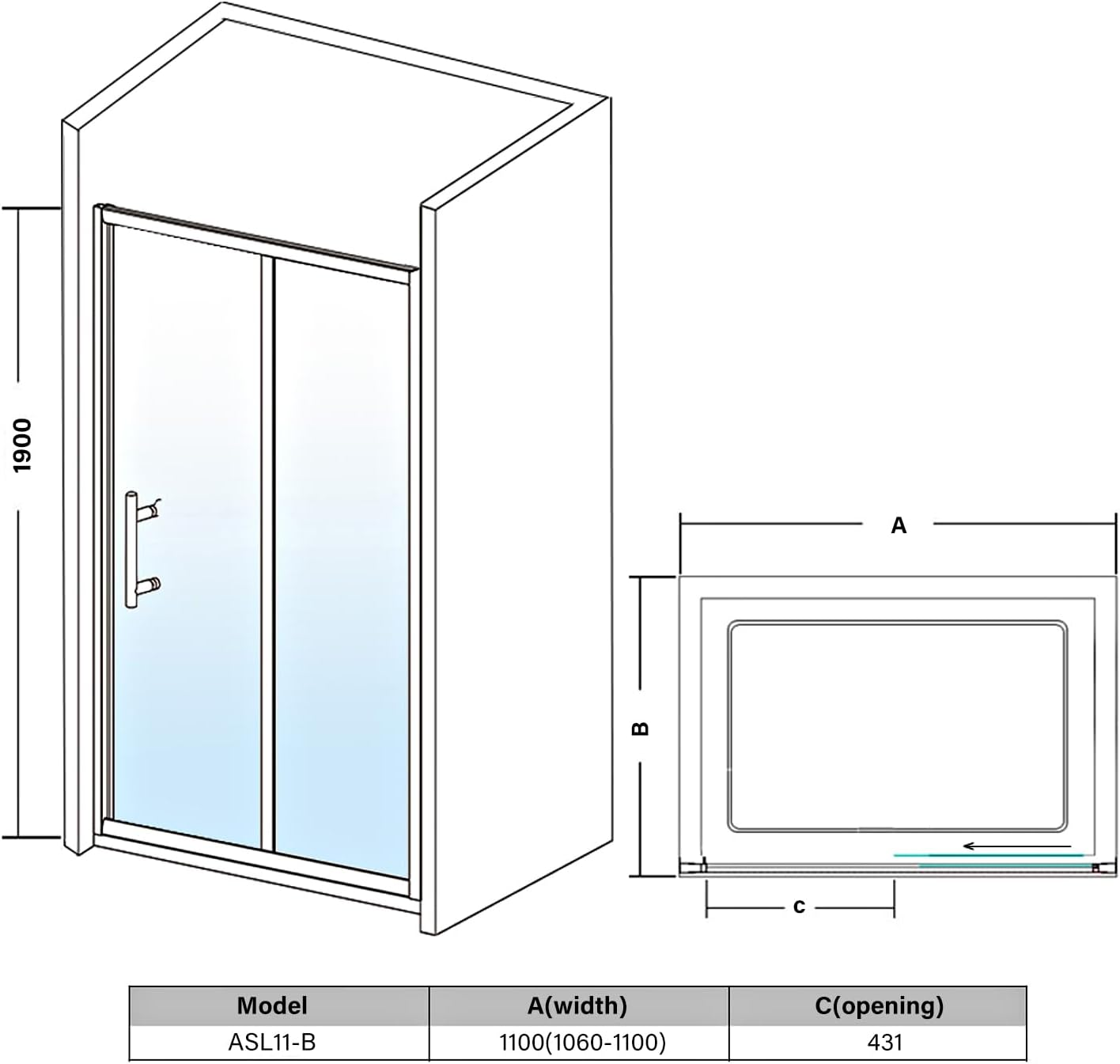 ELEGANT Sliding Shower Door, Black Framed Shower Screen, 5Mm Tempered Glass, Wall to Wall Shower Door, Single Aluminium with 1100X1900Mm, No Base and Waste Outlet image number 4