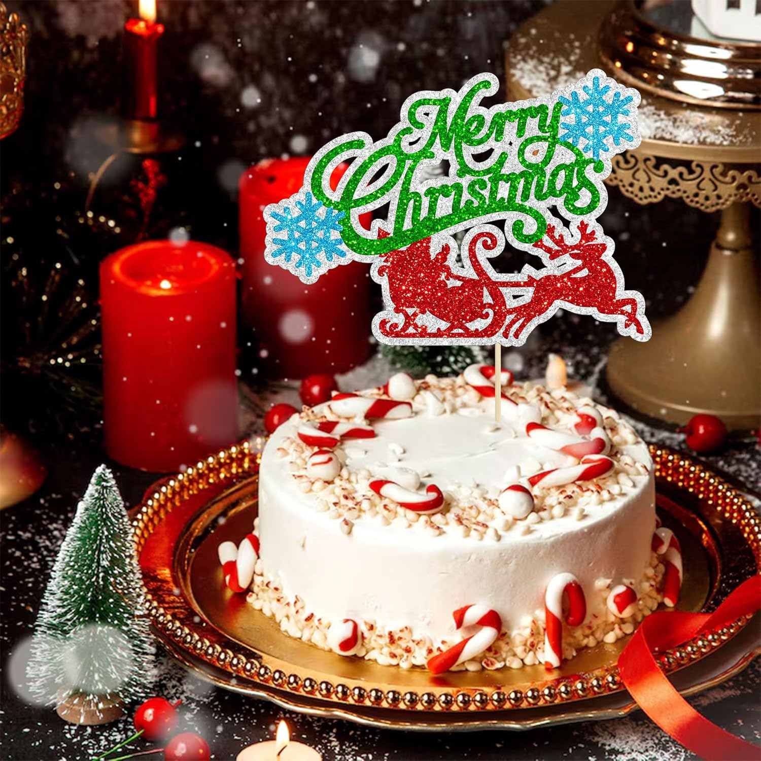 Gyufise 1 Pack Merry Christmas Cake Topper Glitter Snowflake Santa Claus Christmas July Birthday Cake Decorations for Merry Christmas Theme Happy New Year Party Supplies image number 5