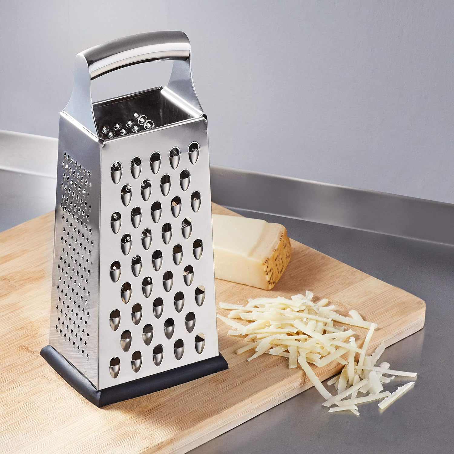 Amazon Basics Cheese Grater, Stainless Steel, 4-Sided Box Grater with Non-Slip Base, Dishwasher-Safe, Rectangular,22.8 Cm, Black (Previously Amazoncommercial Brand) image number 1