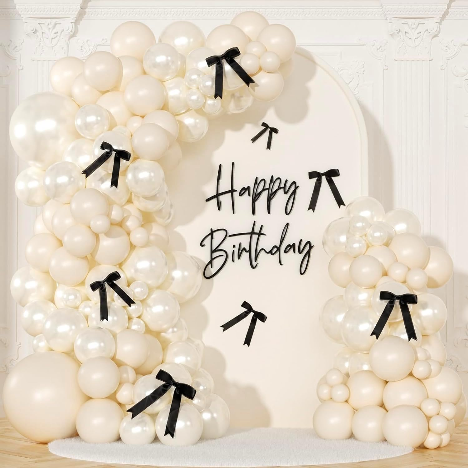 141 Sexy Birthday Decorations, Beige Balloon Arch Set, Pearly White Balloons and Black Bow Wedding Baby Shower Gender Reveal Black Bow Birthday Decorations (Beige)