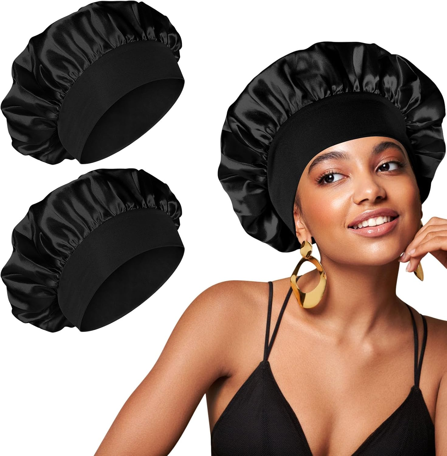 2 Pcs Silk Hair Wrap for Sleeping, Stain Bonnets Hair Bonnet with Wide Elastic Band, Soft Night Sleep Cap for Women Girls, Curly Hair Care Head Cover for Night Sleep (Black+Beige)