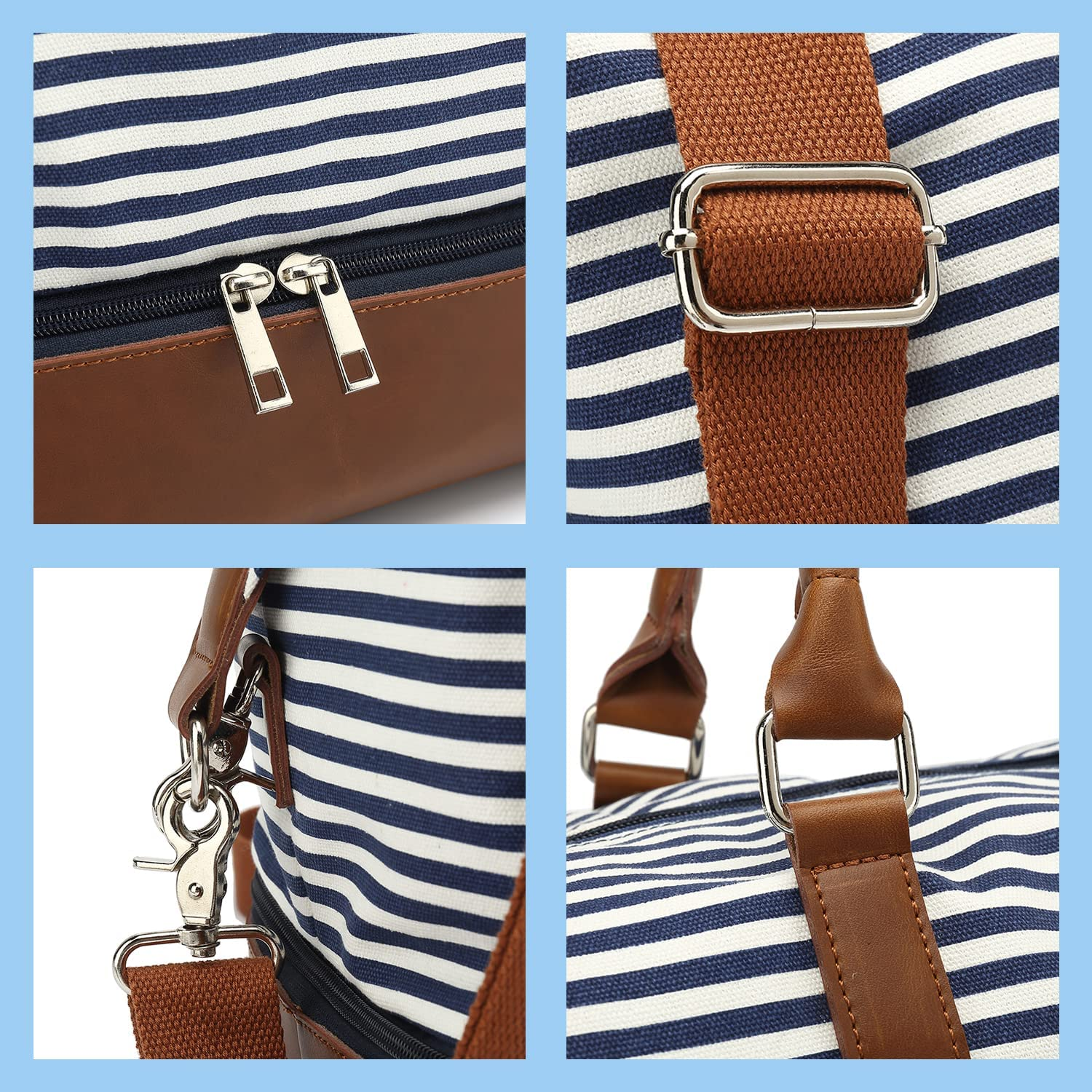 Large Women Canvas Weekender Bag for Travel, 45L Travel Tote Duffel Shoulder Weekend Bag Unisex Overnight Handbag Carry on Duffel Bag (X-Large,Black Stripe) image number 5