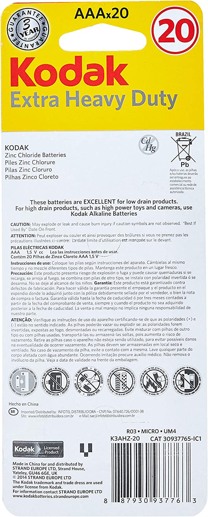 Kodak 30937765 Super Heavy Duty AAA 20 Pack Zinc Batteries