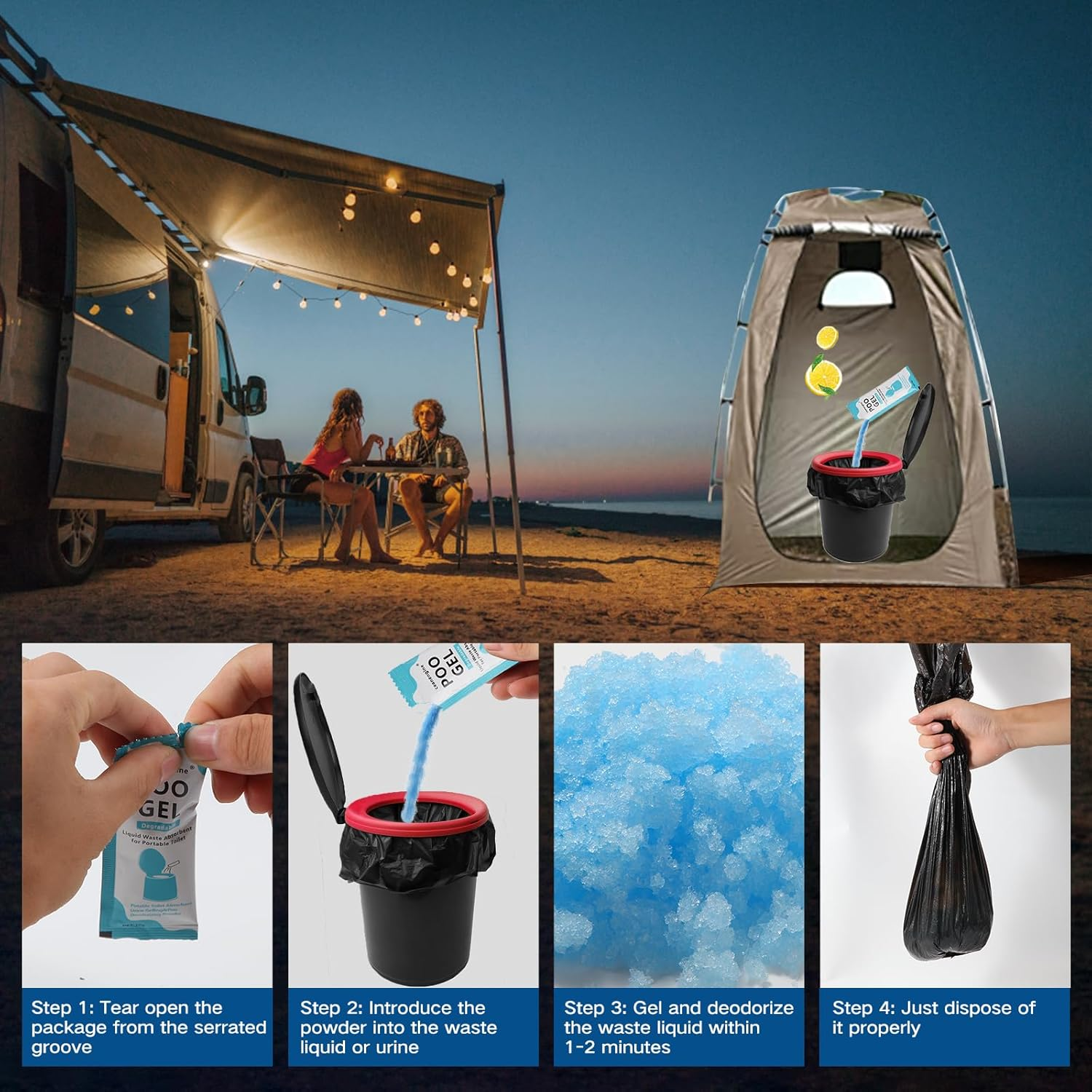 Portable Toilet Absorbent Gel, Portable Toilet Powder Poo Urine Powder for Camping Outdoor Hiking - 60 Packets image number 3