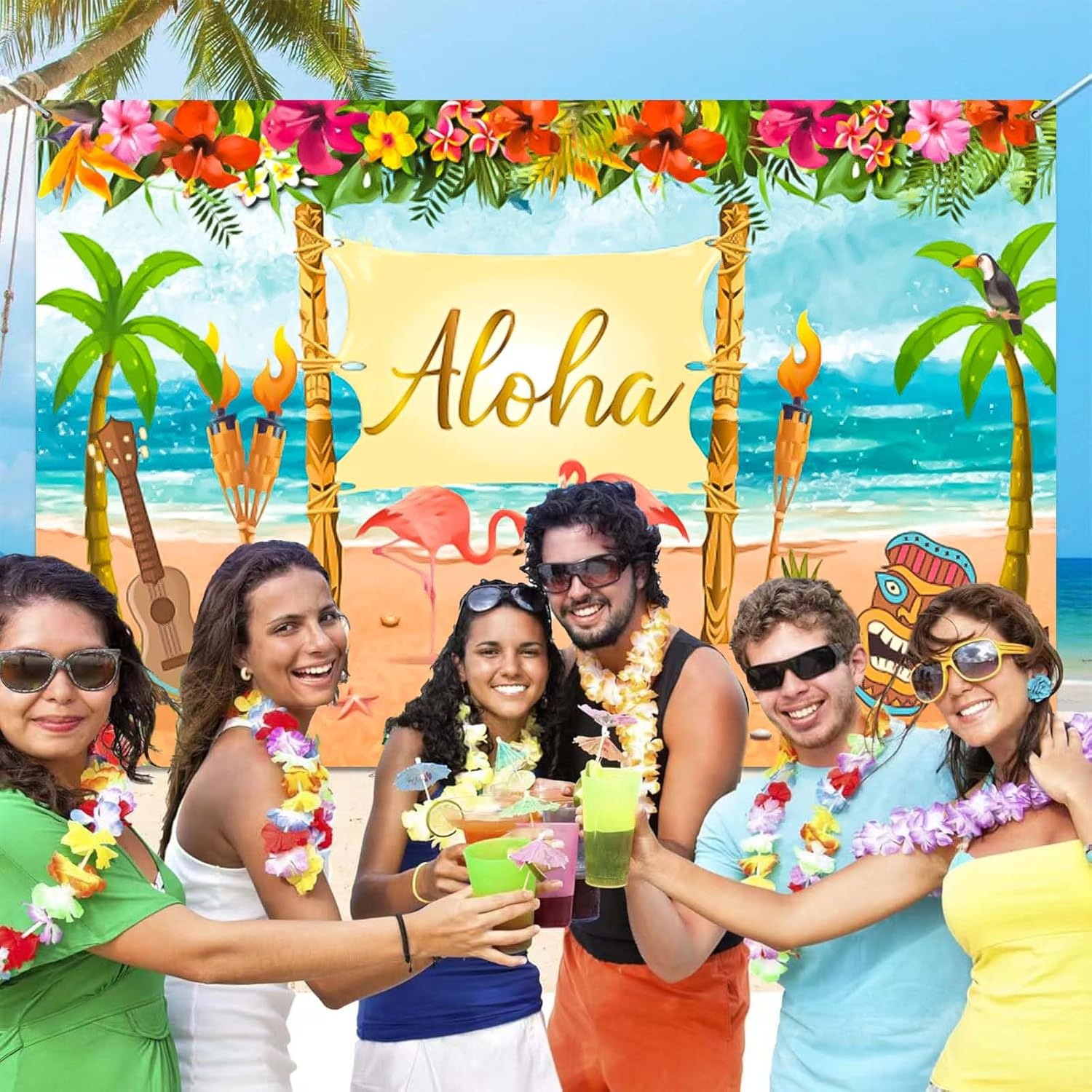 CHEUNGHAO Hawaiian Aloha Party Decoration, 185 X 110 Cm Extra Large Summer Luau Beach Party Banner Backdrop Background Photography for Baby Shower Tropical Themed Decoration Birthday Musical Party image number 1