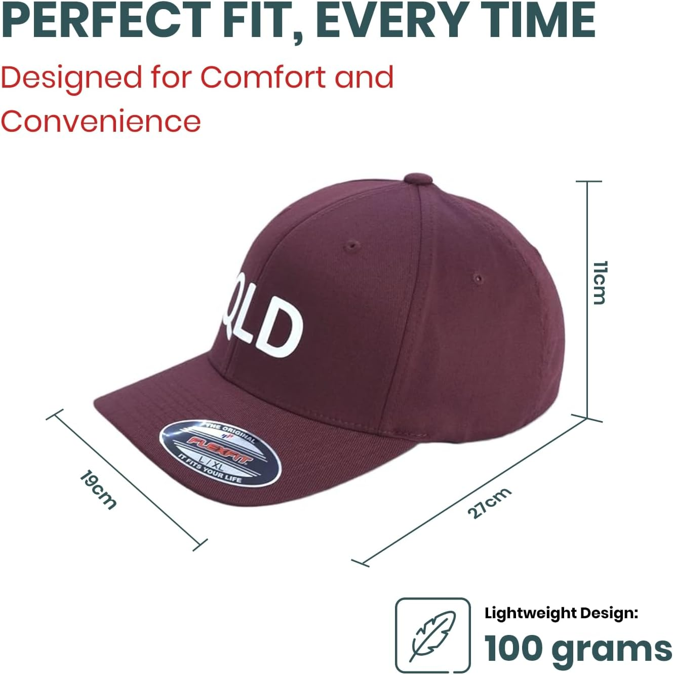QLD Supporters Cap, Flexfit 6277 Wooly Combed Baseball Cap, Acrylic-Wool, Flexfit Technology, 6-Panel, Silver Undervisor, Stretch Fitted, Premium Mid-Profile, Maroon