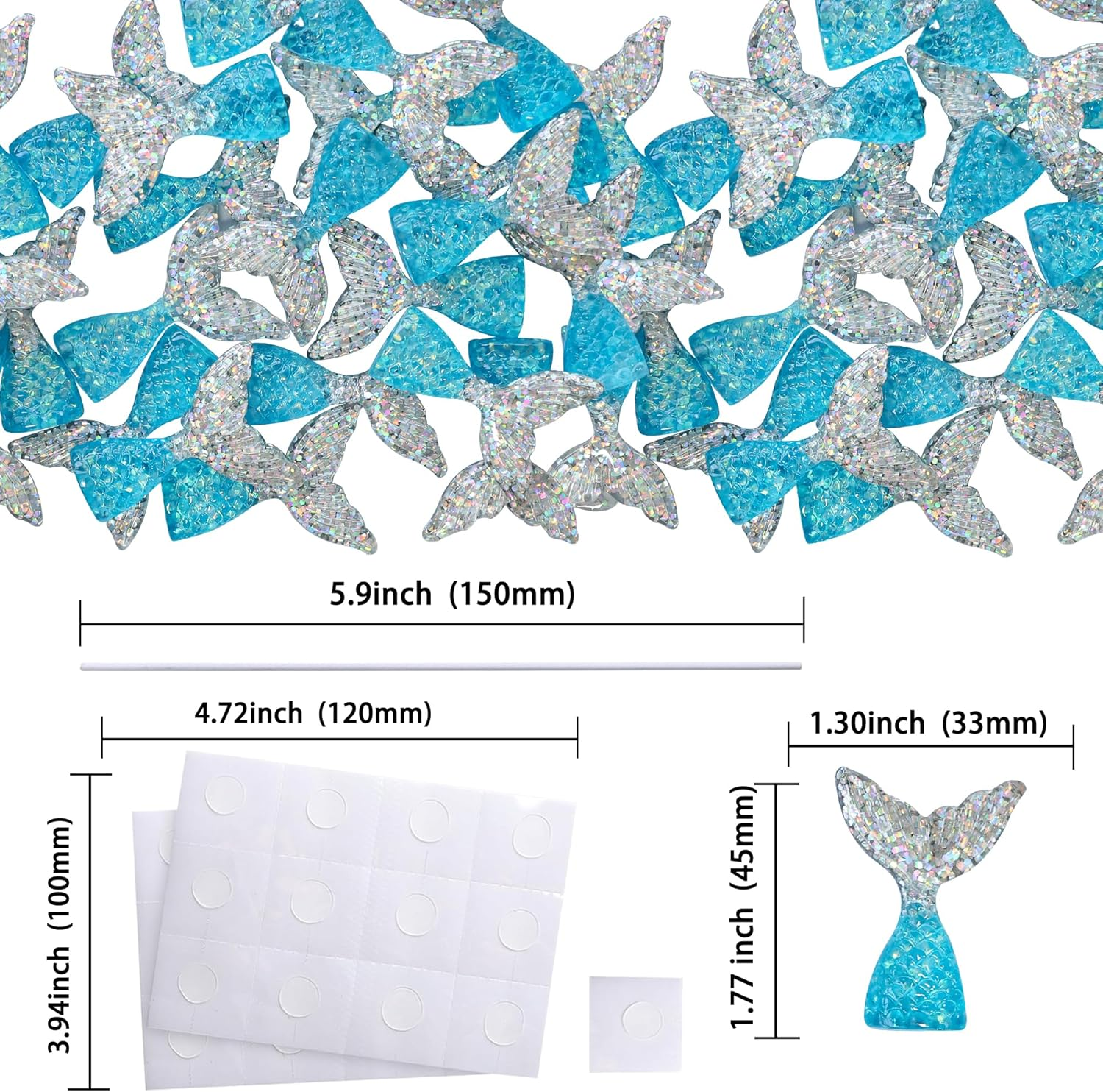 Ephlyn 24Pcs Acrylic Mermaid Tails Cupcake Toppers Mini Wrappers Mermaid Tail Figurines Cake Decorations for Mermaid Party Birthday Party Baby Shower Party Supplies Favors Blue Silver image number 2