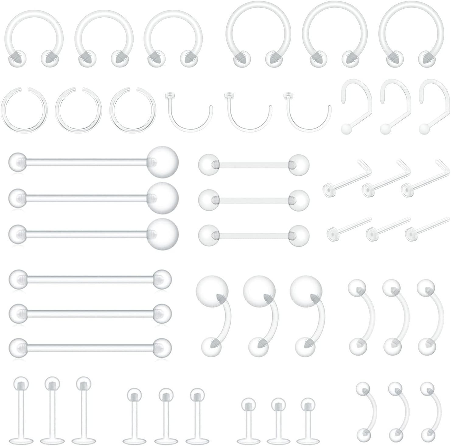 48Pcs Clear Piercing Retainers Jewellery Plastic Nose Tongue Nipple Belly Bars Eyebrow Lip Labret Stud Septum Hoops Cartilage Industrial Tragus Earring Retainer for Surgery Mri image number 3