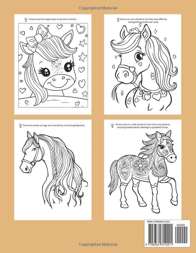 Horse Coloring Book for Kids Ages 8-12: with 50 Facts, Gorgeous, Beautiful Designs for Teens, Girls, Adults for Stress Relief and Relaxation