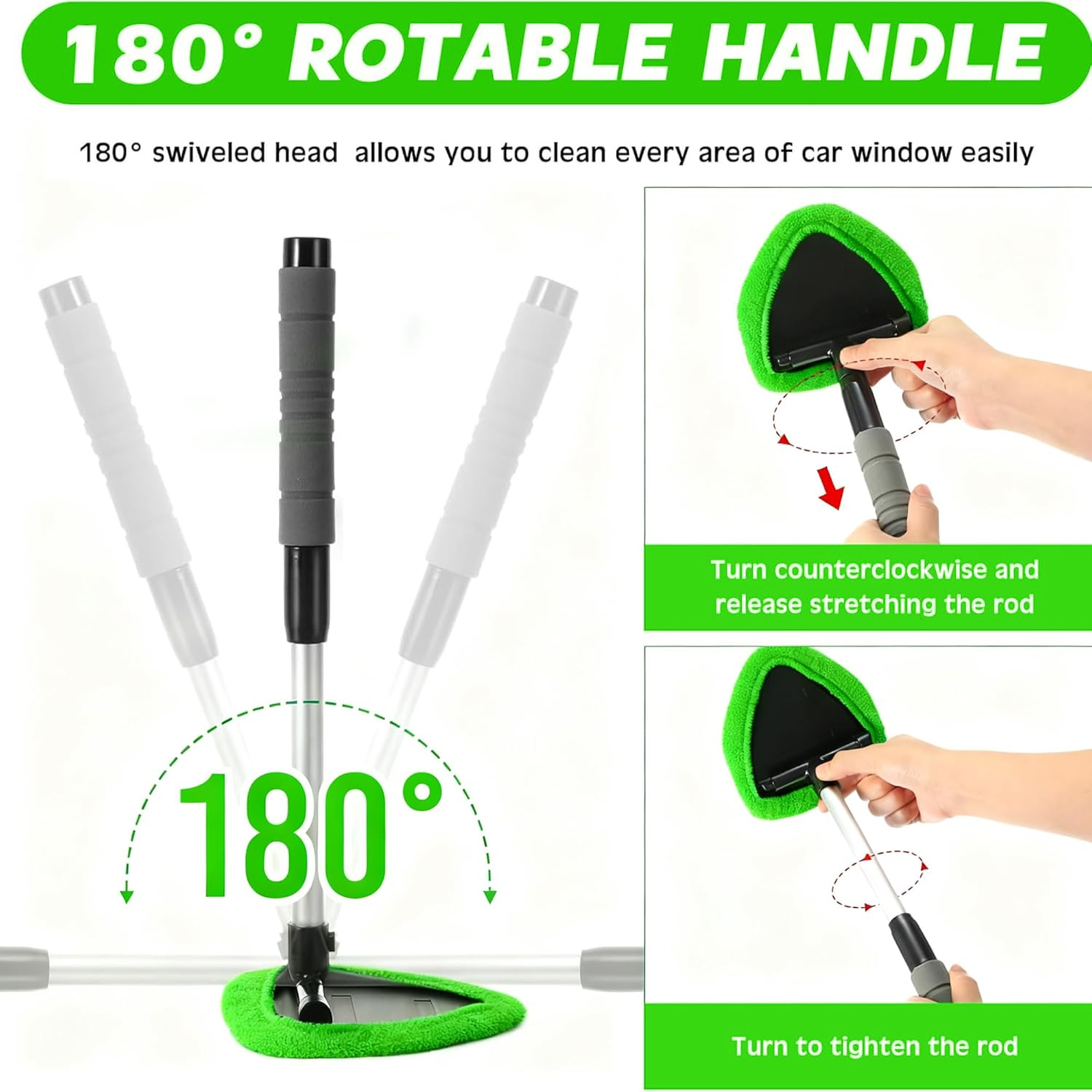 Tourgoing Windshield Cleaning Tool, Extendable Windshield Cleaner with 6 Washable Pads & 1 Spray Bottle, Interior & Exterior Windshield Wiper Tool for Car, SUV, Truck, RV (Green) - Green image number 4