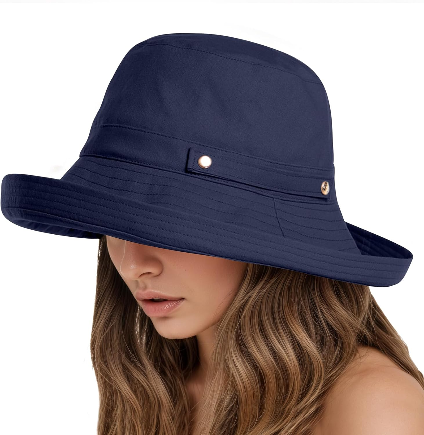 KEOYA Women'S Cotton Linen Bucket Hat Wide Brim Sun Hat with SPF50+ Adjustable Button Detachable Windproof Chin Strap image number 5