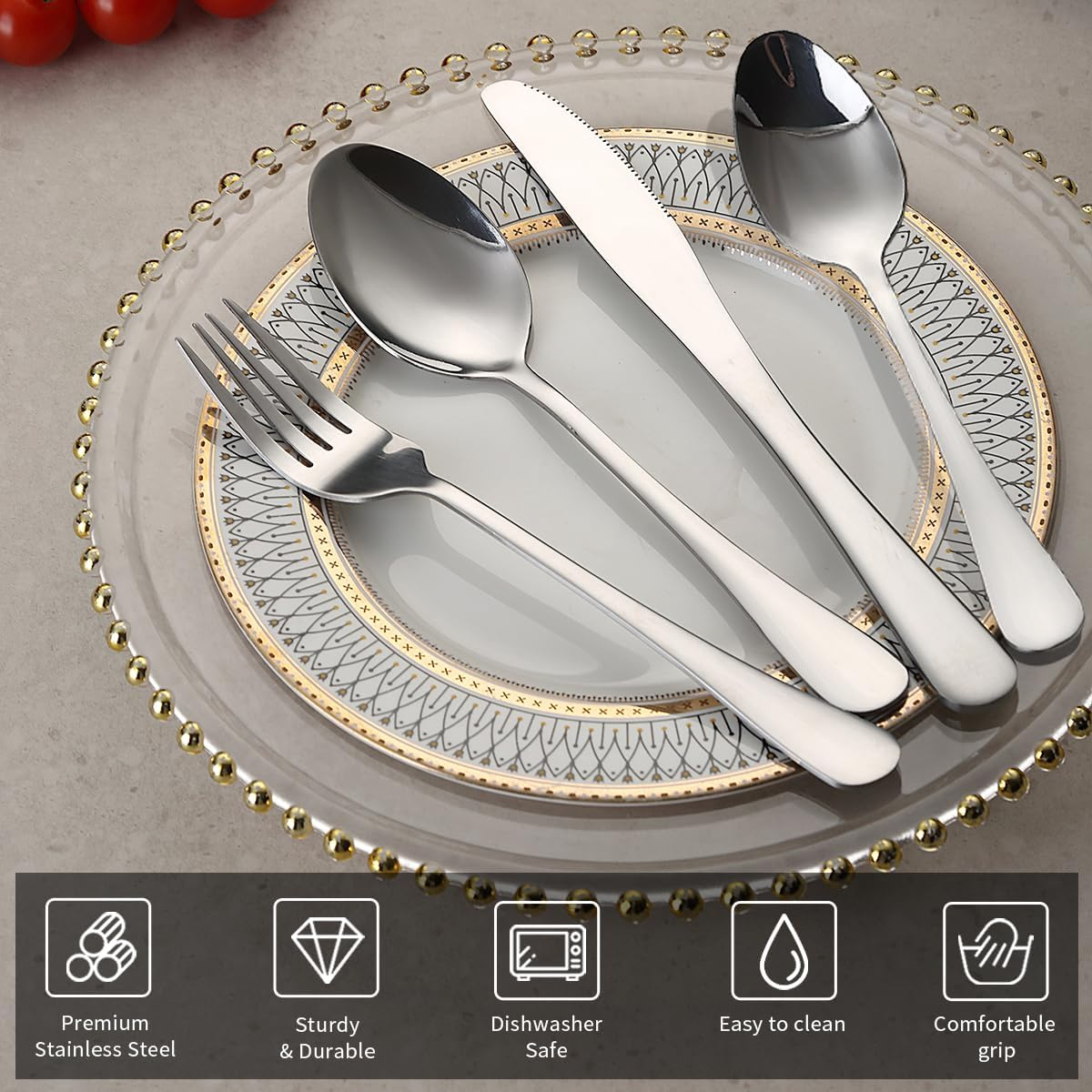 Evanda Cutlery Set 48 Piece Service for 12, Stainless Steel Flatware Set, Include Knife Fork Spoon Silverware Set, Durable Home Kitchen Tableware Set, Mirror Polished, Dishwasher Safe image number 3