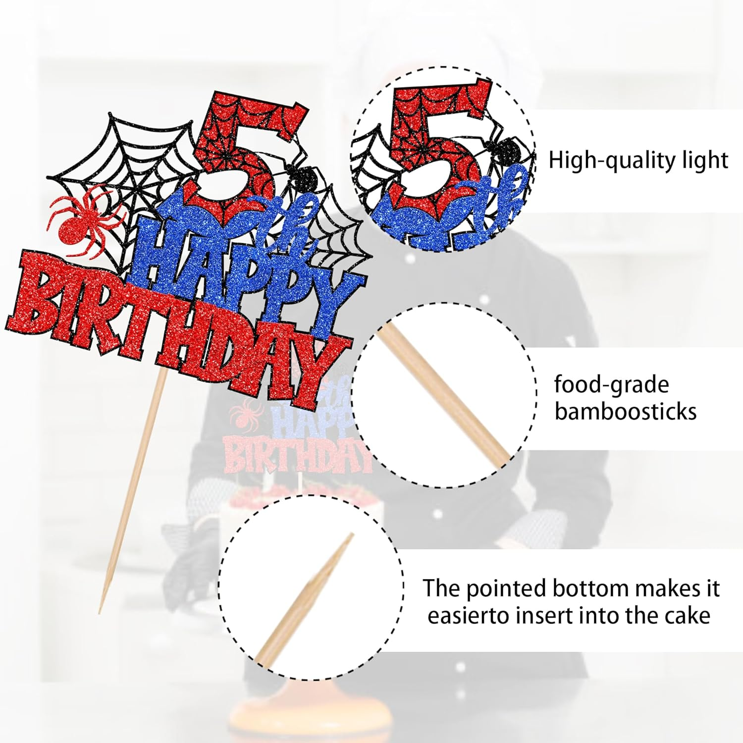 SYKYCTCY 1 Pack Spider Happy 5Th Birthday Cake Topper Glitter Spooky Party Cake Picks for Spider Theme 5Th Birthday Baby Shower Boys Girls Kids Party Supplies image number 5