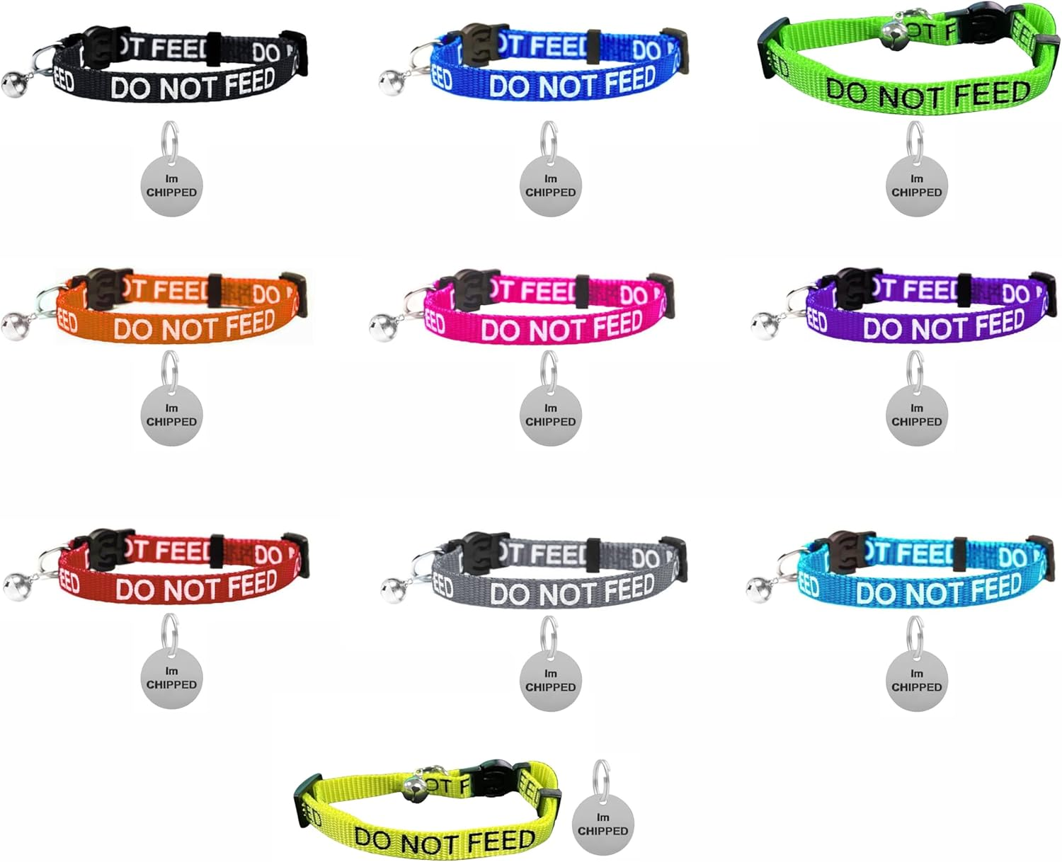 LARRYROO Cat Collar with DO NOT FEED Print - Soft Nylon & Safety Release Buckle - with Personalised Engraved round Silver ID Tag with IM CHIPPED Print (Red) - Green image number 6