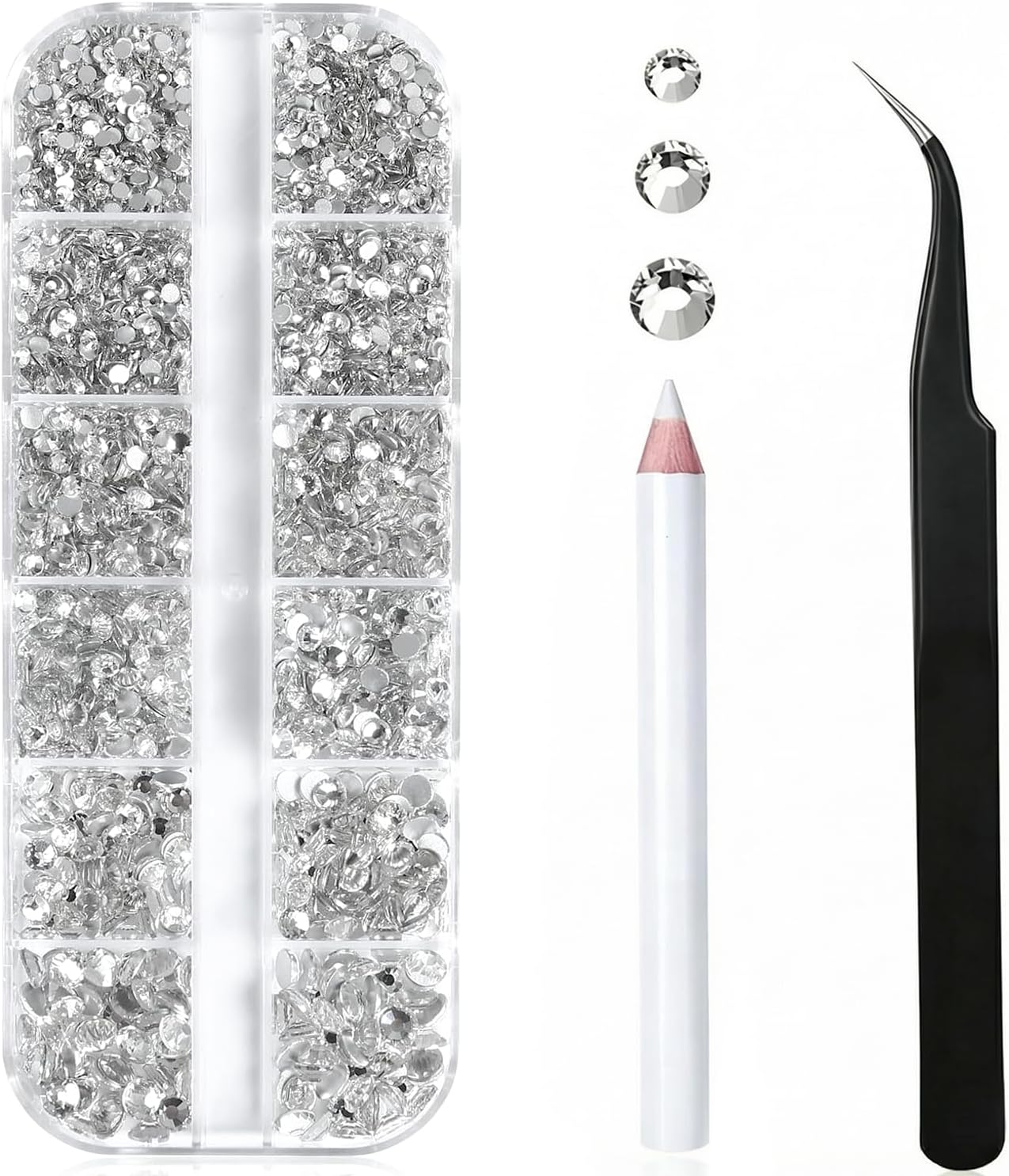 2000Pcs Glass Rhinestones with Tweezers and Nail Rhinestone Picker,Flatback Crystals Diamond for Bedazzling Crafts, DIY Nail Art Makeup,Clothing Shoes