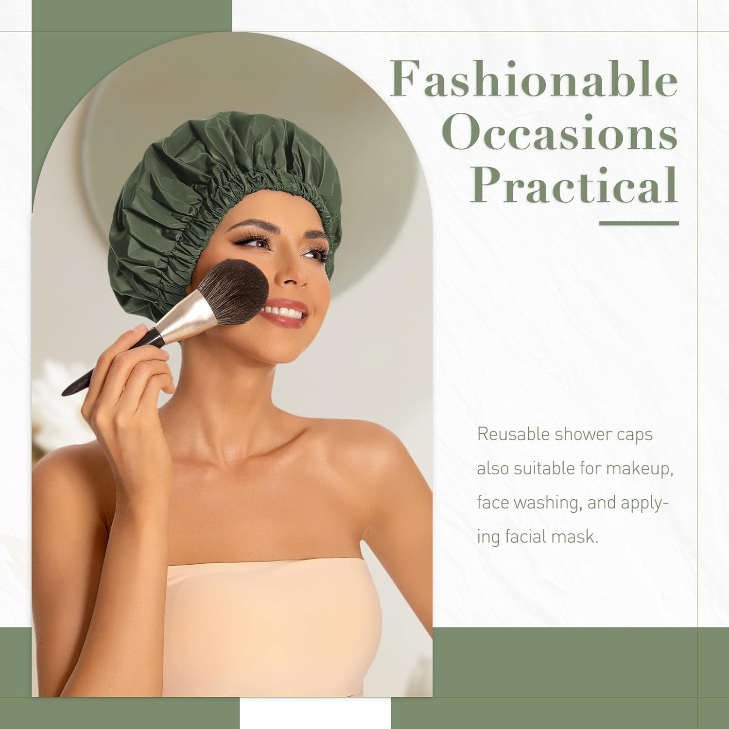 Reusable Shower Cap for Women, Large Waterproof Shower Bonnet Washable Elastic Band Bath Hair Hat for Long Hair, Braids(Green) - Blackgray image number 6