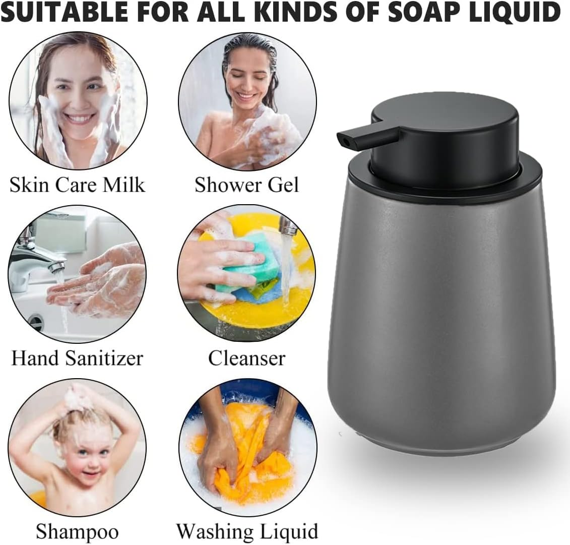 12Oz Grey Foaming Soap Dispenser - Ceramic Foam Hand Soap Dispenser with Easy-To-Press Black Pump, Refillable Bathroom Lotion Soap Dispenser, Dish Soap Dispenser for Kitchen Hand Wash Dispenser image number 1
