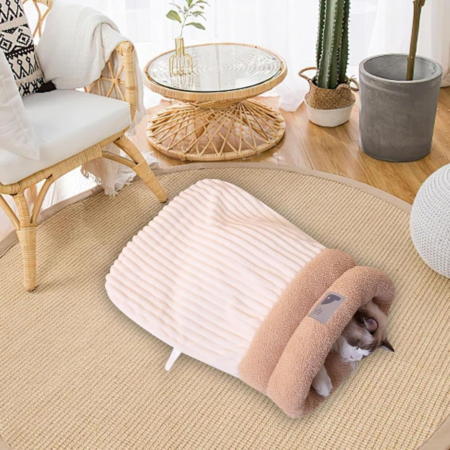 Winter Cat Sleeping Bag, for Cats, Dog, Cat, Winter Warm Sleeping Bag, Plush Soft Pet Bed, Comfort Bed, 360&deg;Wrap Comfortable Pet Snuggle Sack (Bej, Medium) image number 1