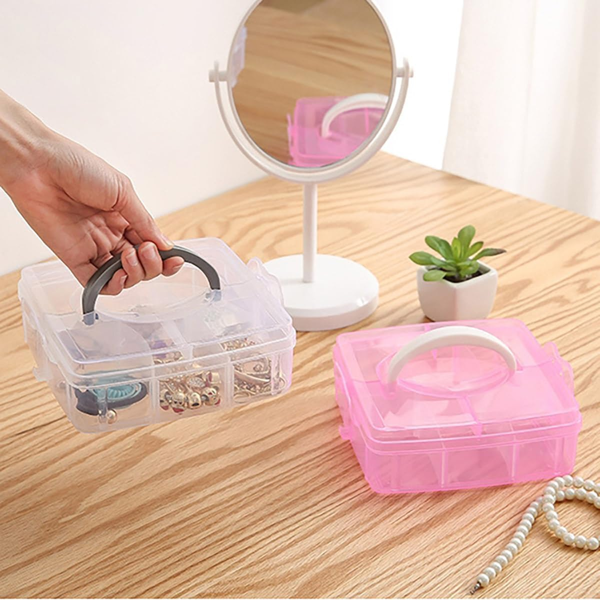 Three-Layer Detachable Transparent Storage Box, 3 Colors, 18 Grids, Plastic Organizer Box for Cosmetics, Jewelry, Craft Supplies, 15X15X12.5Cm - Clear image number 3