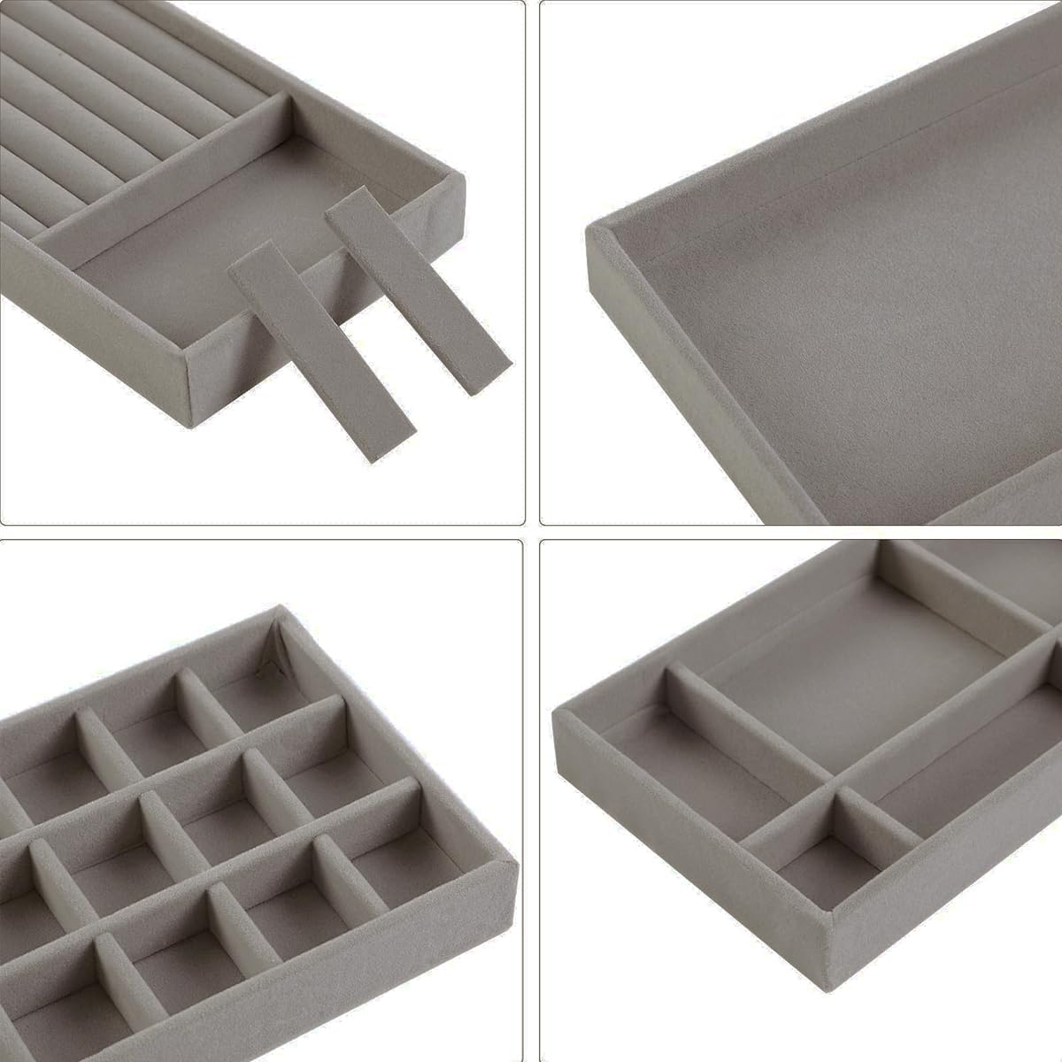 AIMALL 4PCS Grey Flocking Jewelry Display Storage Box Set Desktop Makeup Organizer Tray for Earrings Rings Bracelets Necklaces Velvet Jewellery Storage Holder 4.8In X 8.3In Compartments image number 2
