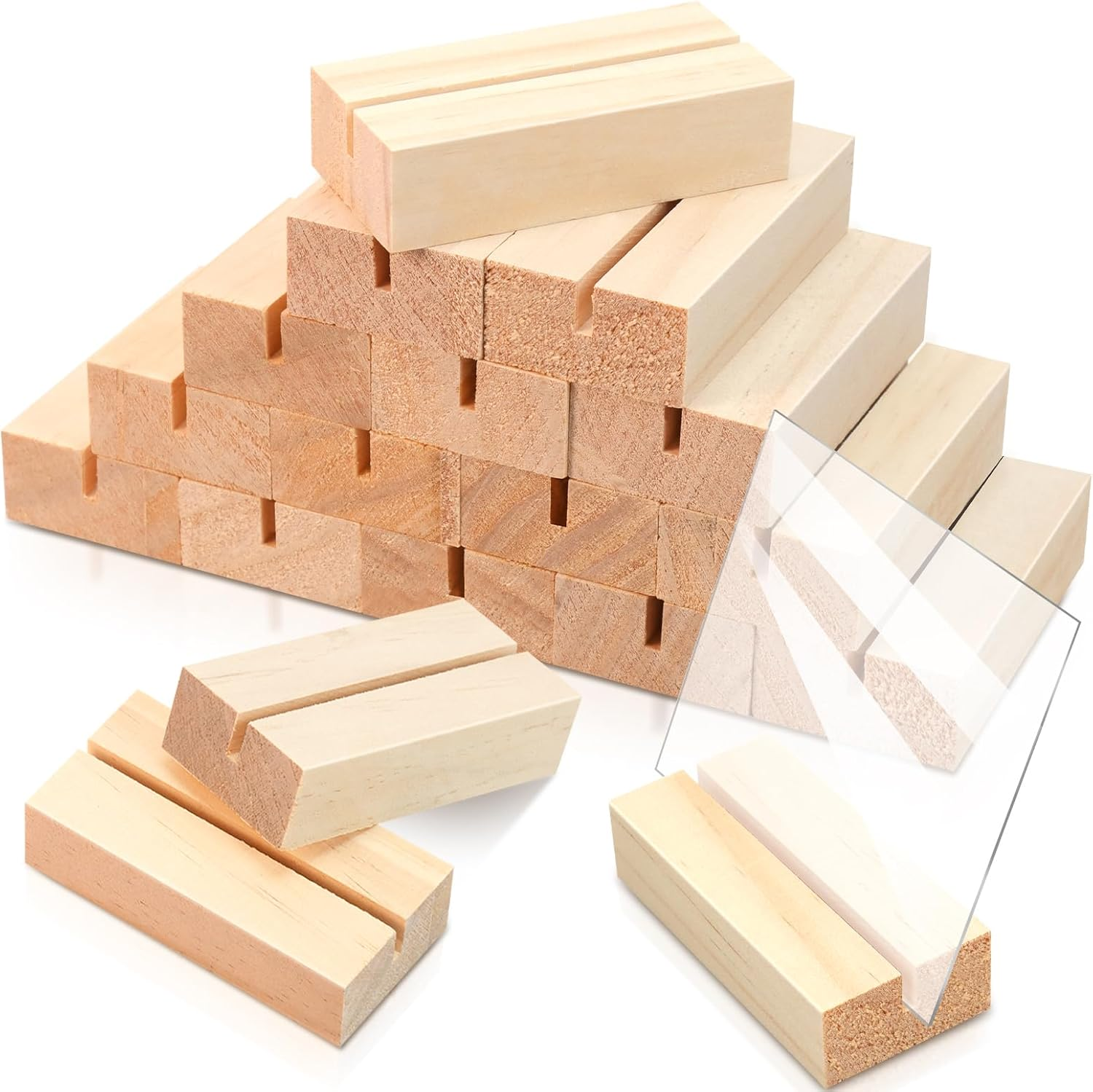 ISUSSER 15 Pieces Wood Table Number Stands Wood Place Card Holders Picture Holder Acrylic Sign Holdersr for Ceremony Birthday Party Home Decoration image number 6