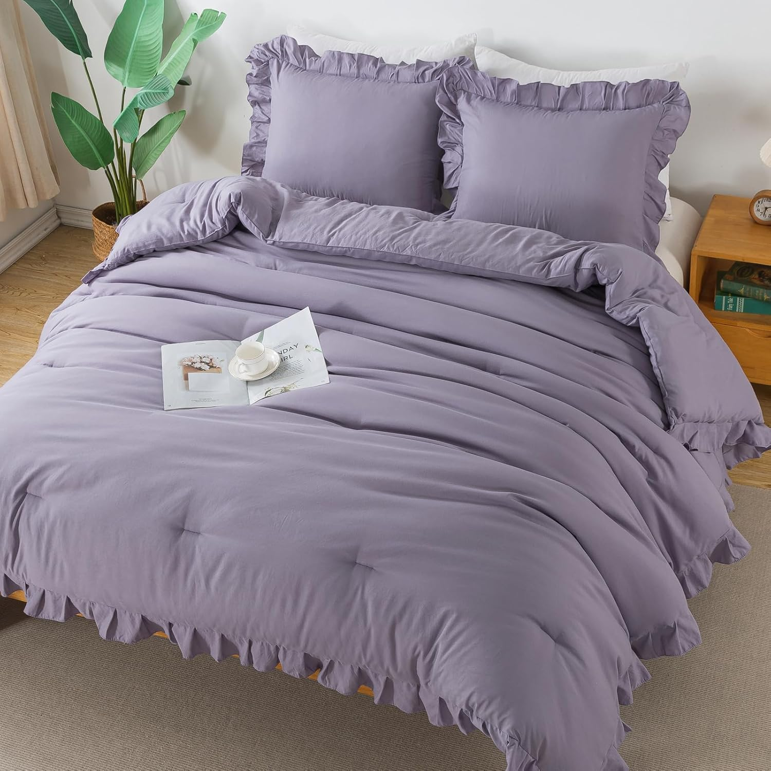 Andency Grayish Purple California King Comforter Set, 3 Pieces Cal King Ruffle Purple Comforter, Lightweight Oversized Farmhouse Shabby Chic Soft Microfiber Bedding Comforter Set (104X96Inch) image number 2