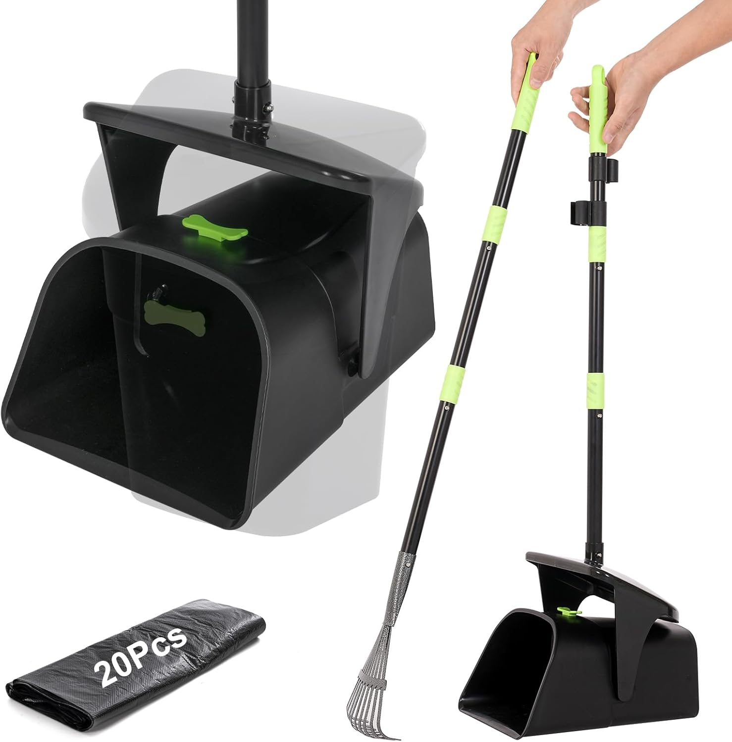 Long Handle Pooper Scooper with Swivel Bin & Rake - 97Cm Adjustable Dog Waste Poop Scoop - Includes 20 Bags - No Bend Design for Grass, Gravel & Yard - Heavy Duty & Rustproof image number 4