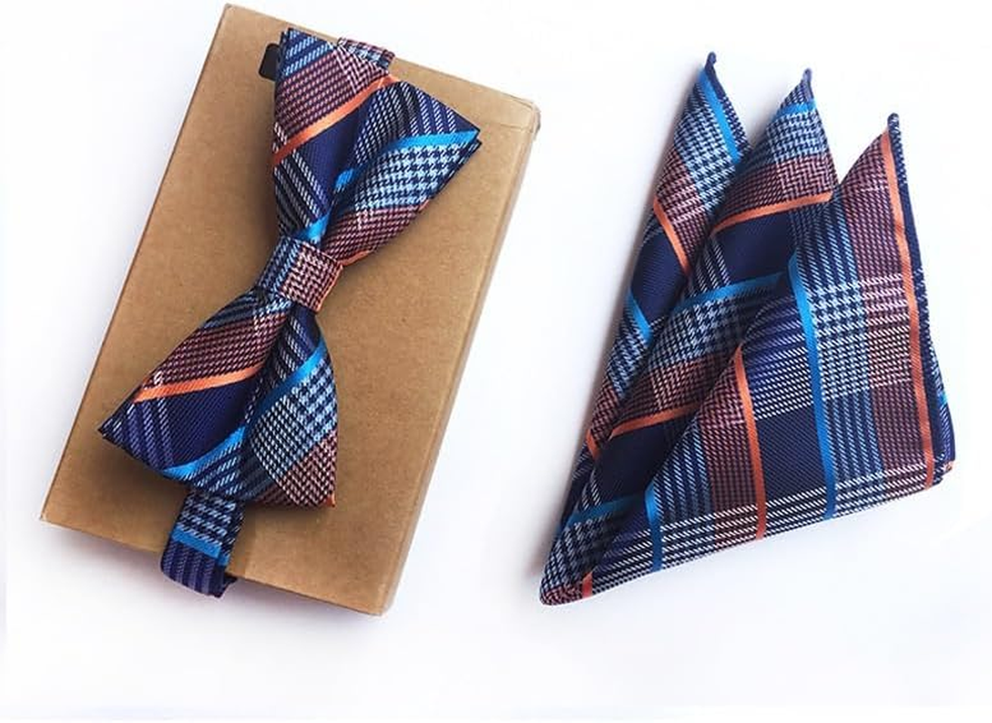 Men Big Boys Dot Bow Ties Stripe Check Pre-Tied Bowties Pocket Square Set