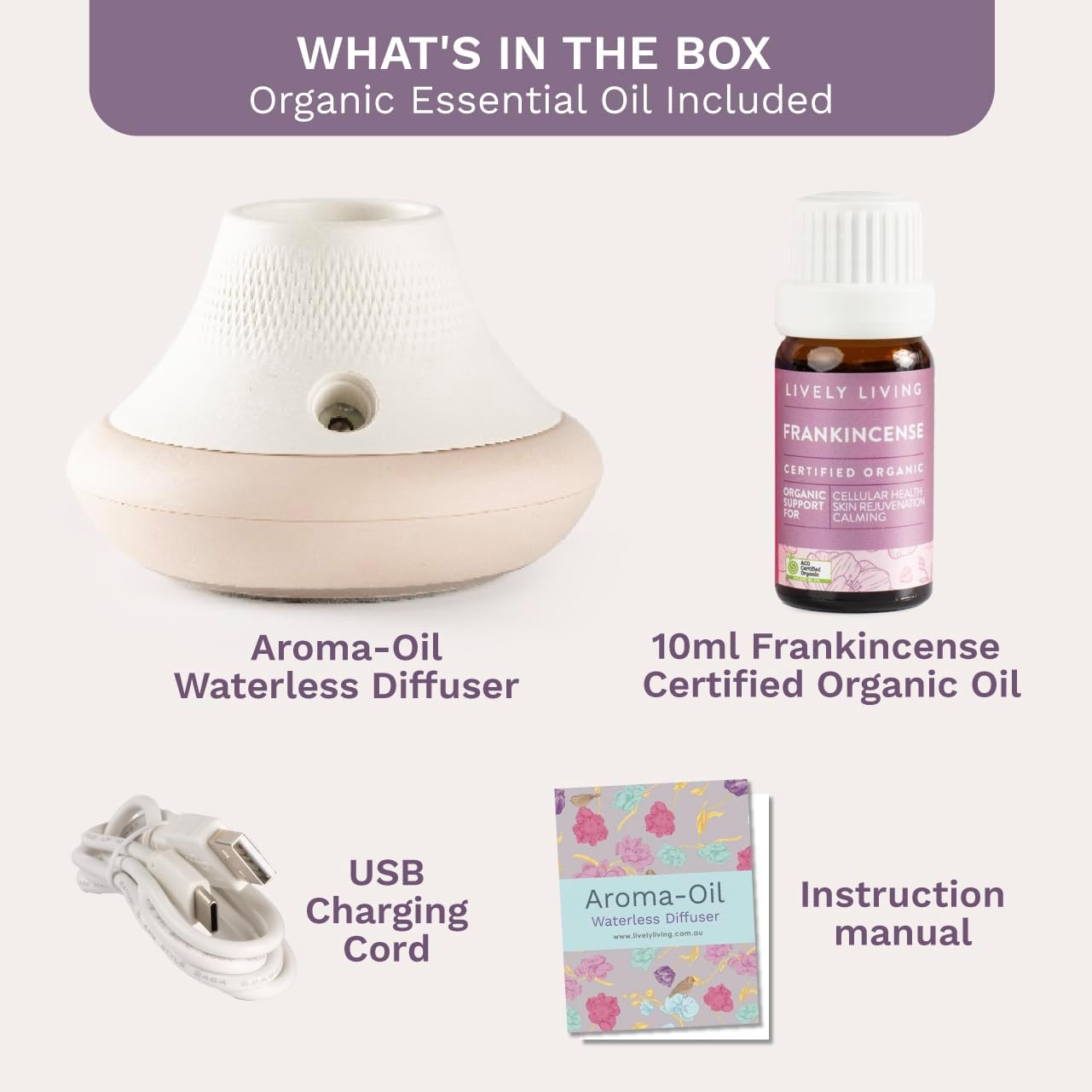 Lively Living Aroma Oil Waterless Diffuser + Oil - (10Ml) Frankinsence Organic Essential Oil USB Rechargeable Battery Operated, Cordless Diffuser, Portable, Wireless & Noiseless with 3 Mist Settings image number 2