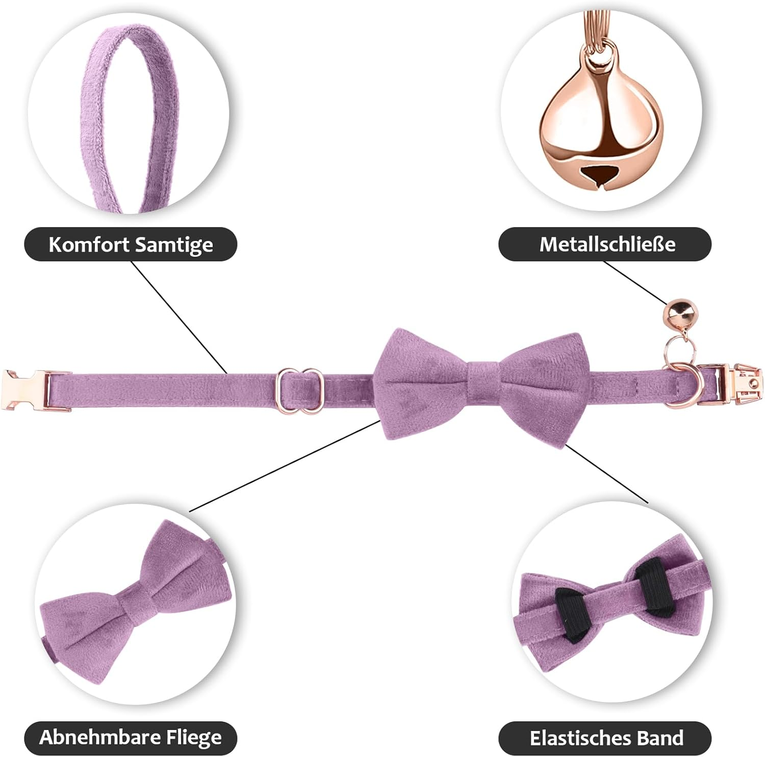 Asvin Velvet Cat Collar with Bell and Bow Tie, Adjustable Collar Cat for Weddings for Kitten Collar (Purple) image number 6