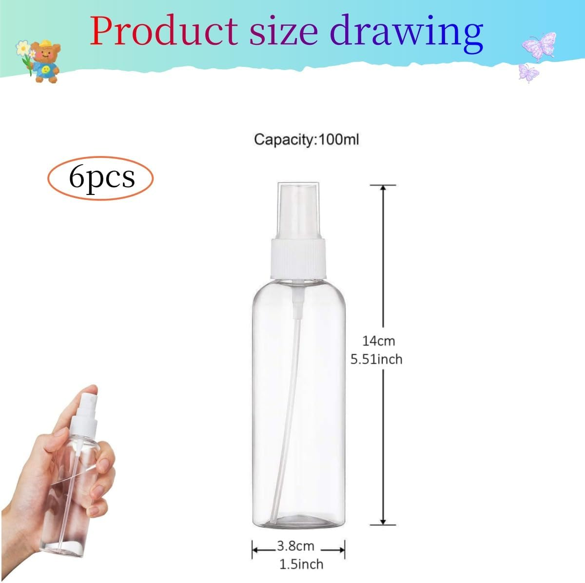 6 Pcs 100Ml Clear Transparent Plastic Mist Spray Bottle, Portable Transparent Travel Bottle, Reusable Fine Mist Spray Bottle,Atomiser Liquid Container image number 3