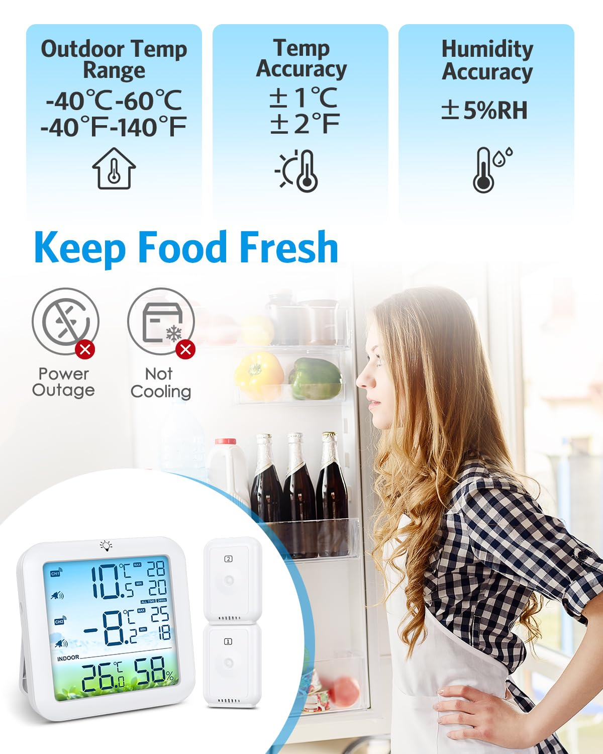 AMIR Wireless Fridge and Freezer Thermometer with Alarm, Max/Min Temperature Records Digital Refrigerator Thermometer, 328FT Remote Range, Magnetic & Stand Options for Kitchen Home Restaurant image number 1