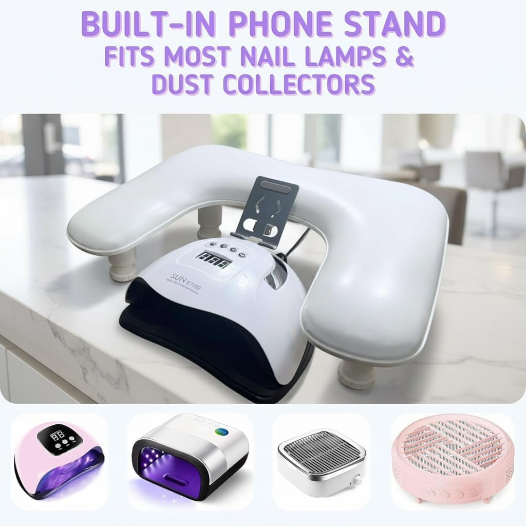 PANTREE Manicure Arm Rest for Nail Techs: U Shaped Manicure Arm Rest with 360&deg; Rotating Phone Holder - Big Arm Rest for Nail Techs - Detachable Manicure Hand Pillow for Salon or Home Use (White)