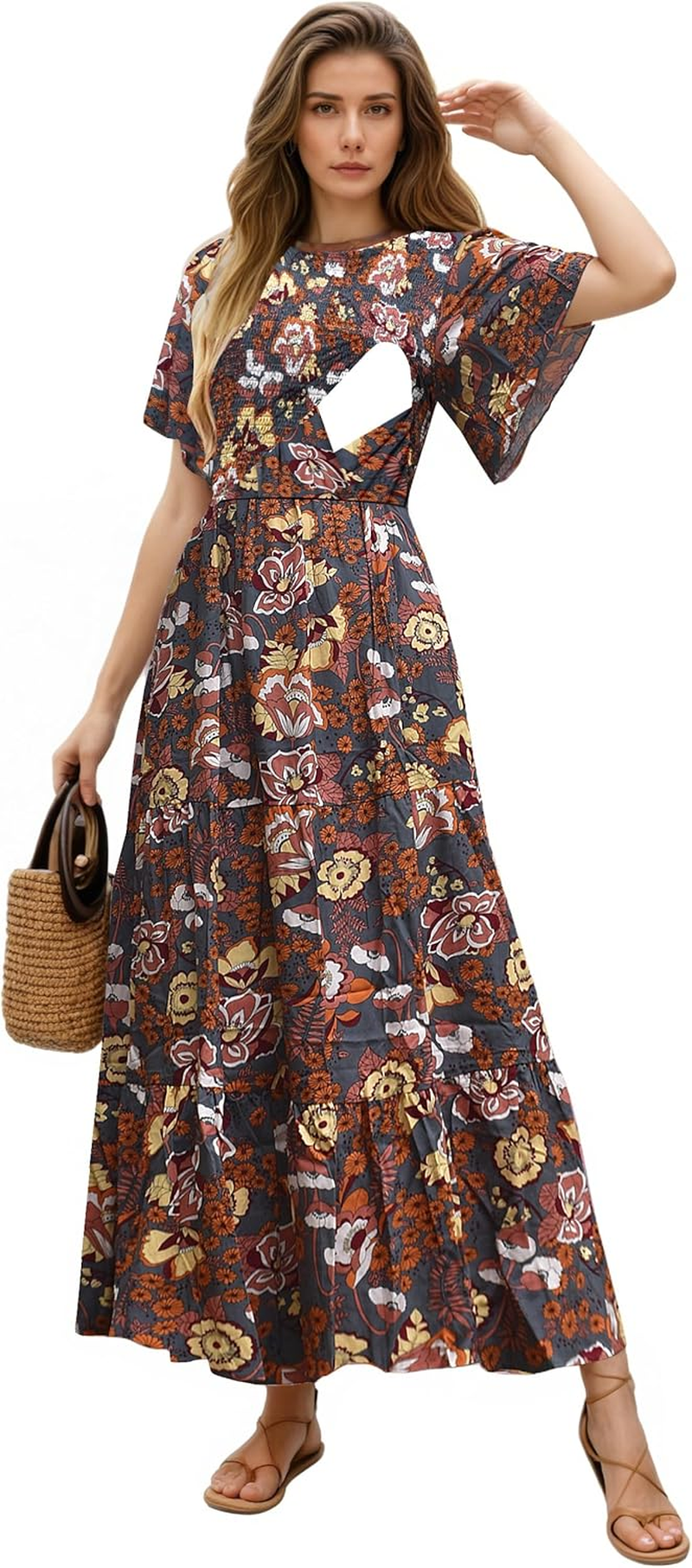 Womens Nursing Dress Summer Floral Print Short Flutter Sleeve Crew Neck Smocked High Waist Flowy Maxi with Pockets
