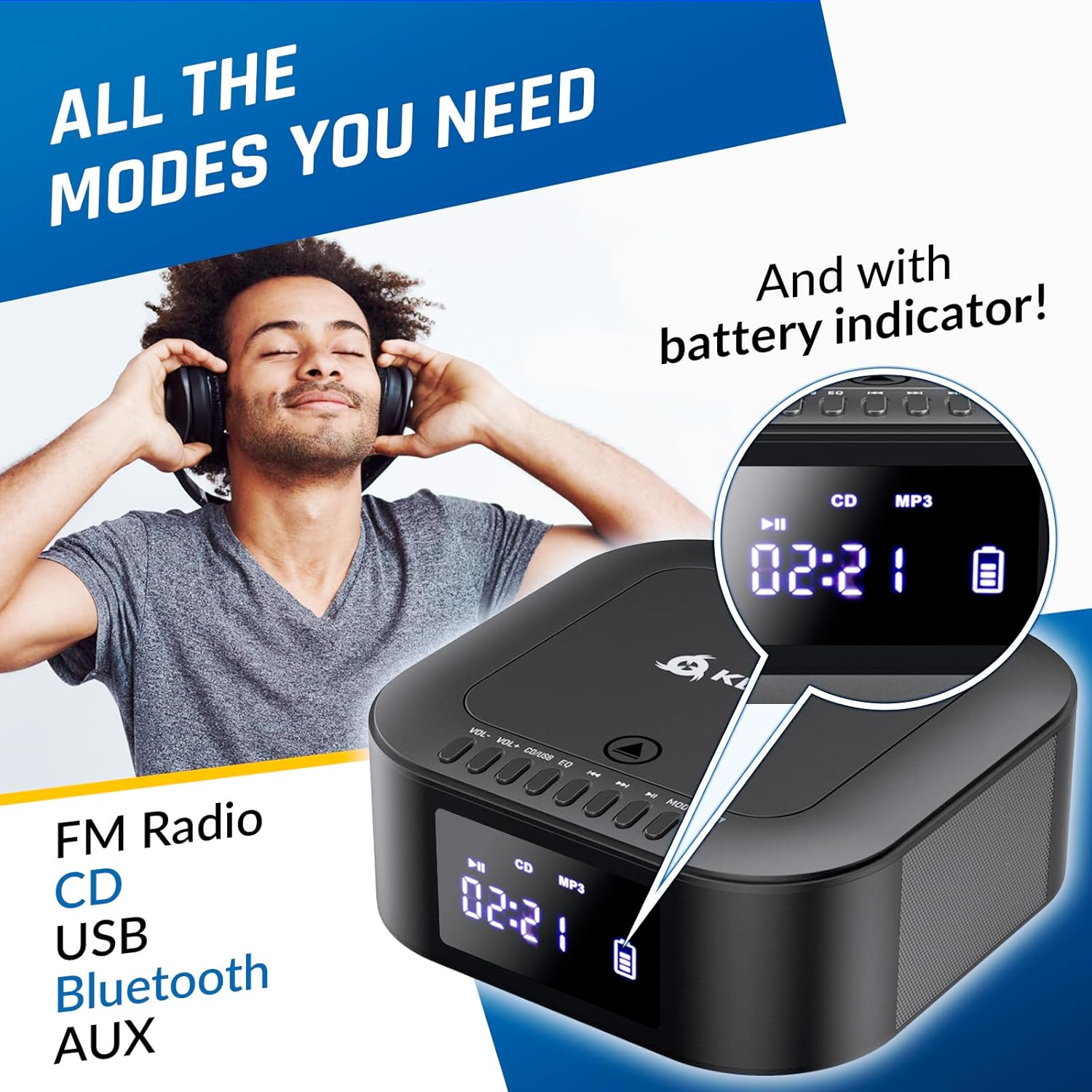 KLIM Boombox E1 - CD Player Portable Audio System + Extra BASS with Subwoofer + FM Radio, CD MP3 Bluetooth AUX USB + Wired and Wireless Mode Rechargeable Battery + Remote Control image number 6